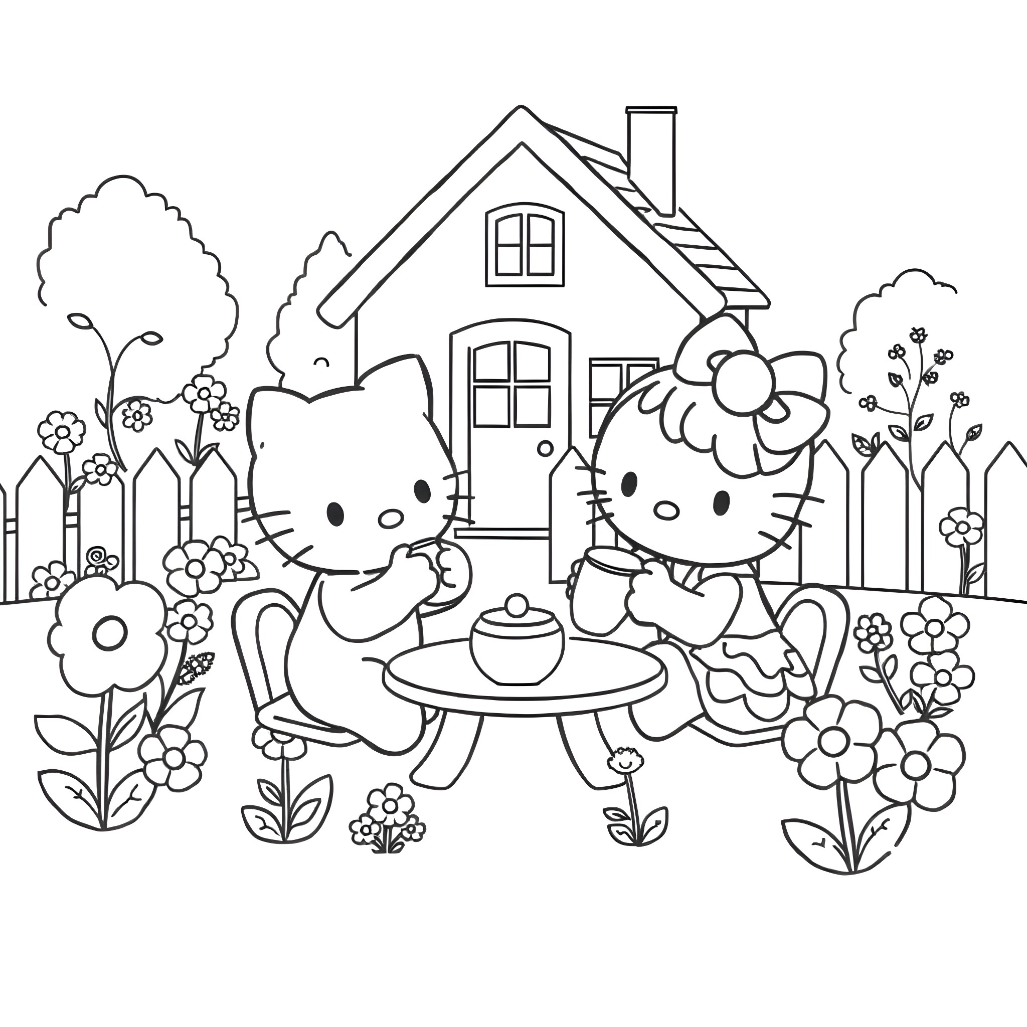 Hello Kitty Enjoying Tea Time in the Garden Coloring Page (free black-and-white line drawing printable PDF for all, from beginners to advanced learners, including children, teens, adults, and seniors)