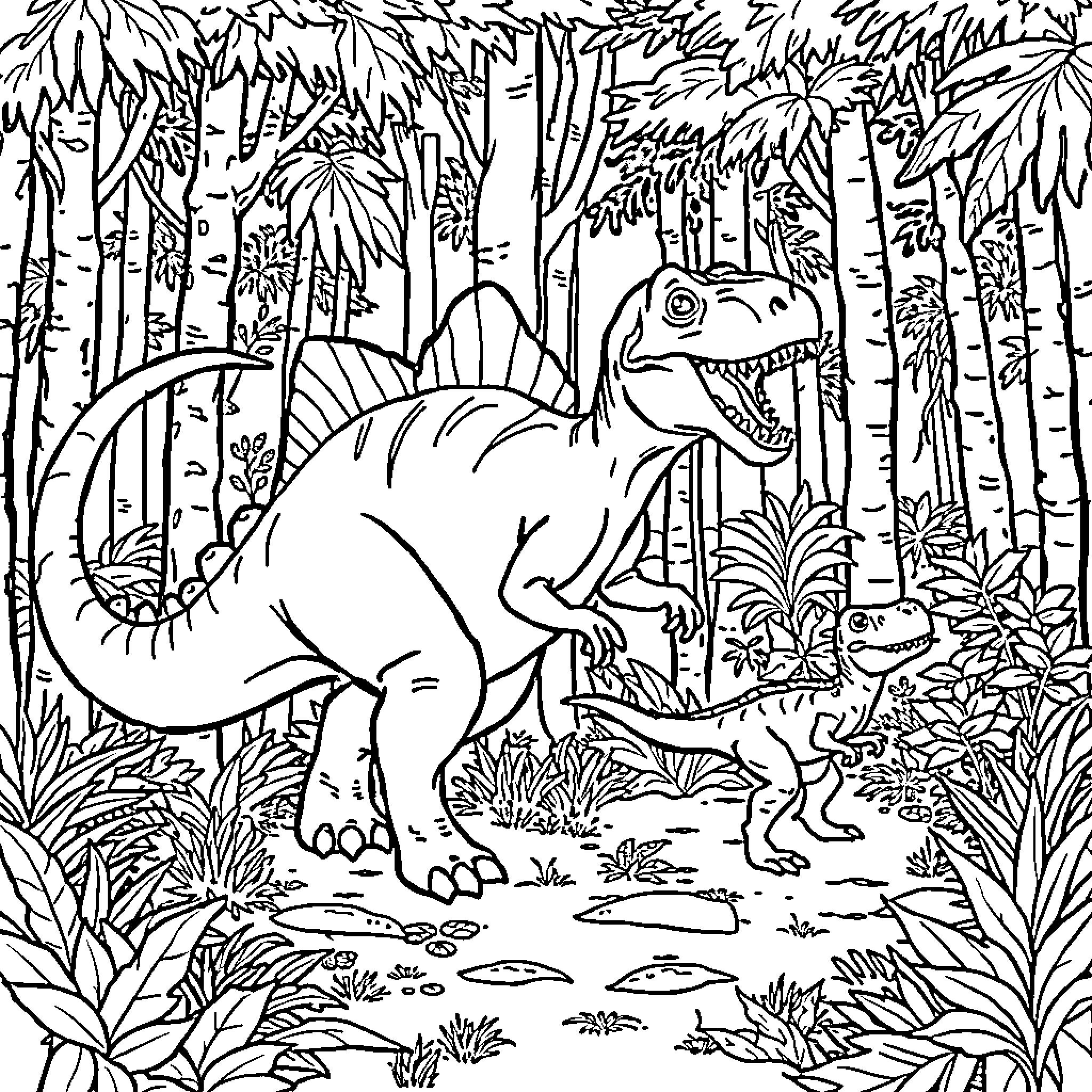 Dinosaurs roaming through the lush forest landscape Coloring Page (free black-and-white line drawing printable PDF for all, from beginners to advanced learners, including children, teens, adults, and seniors)