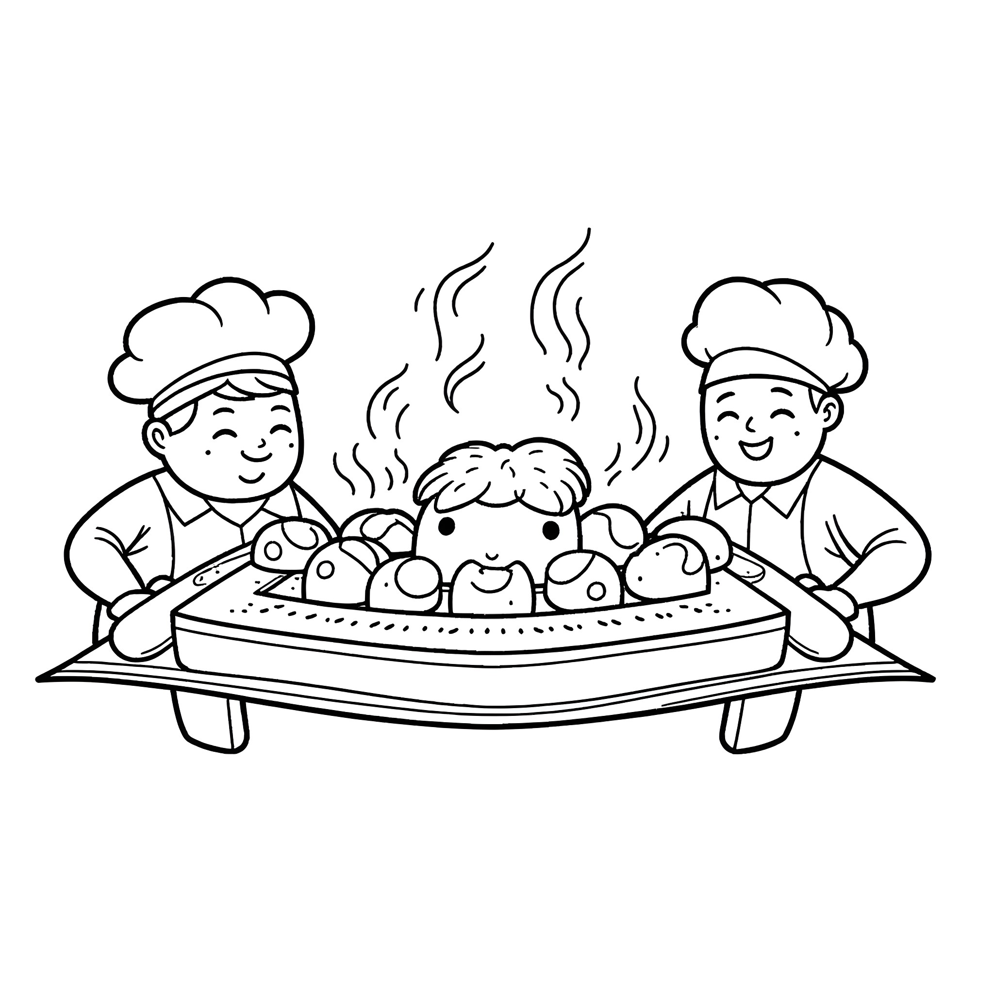 Sushi chefs preparing a delicious sushi dish Coloring Page (free black-and-white line drawing printable PDF for all, from beginners to advanced learners, including children, teens, adults, and seniors)