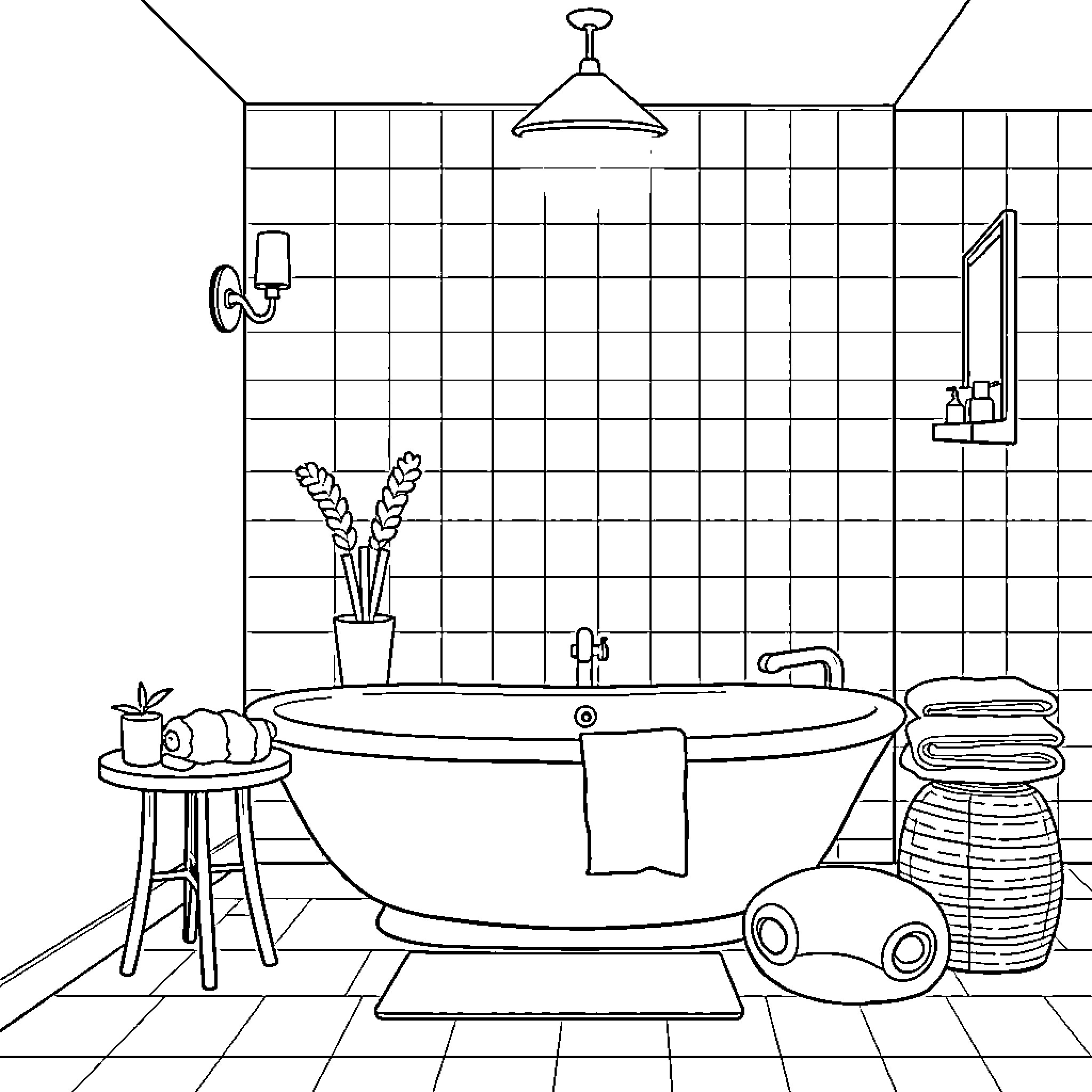 Bathroom with bathtub and modern decor Coloring Page (free black-and-white line drawing printable PDF for all, from beginners to advanced learners, including children, teens, adults, and seniors)