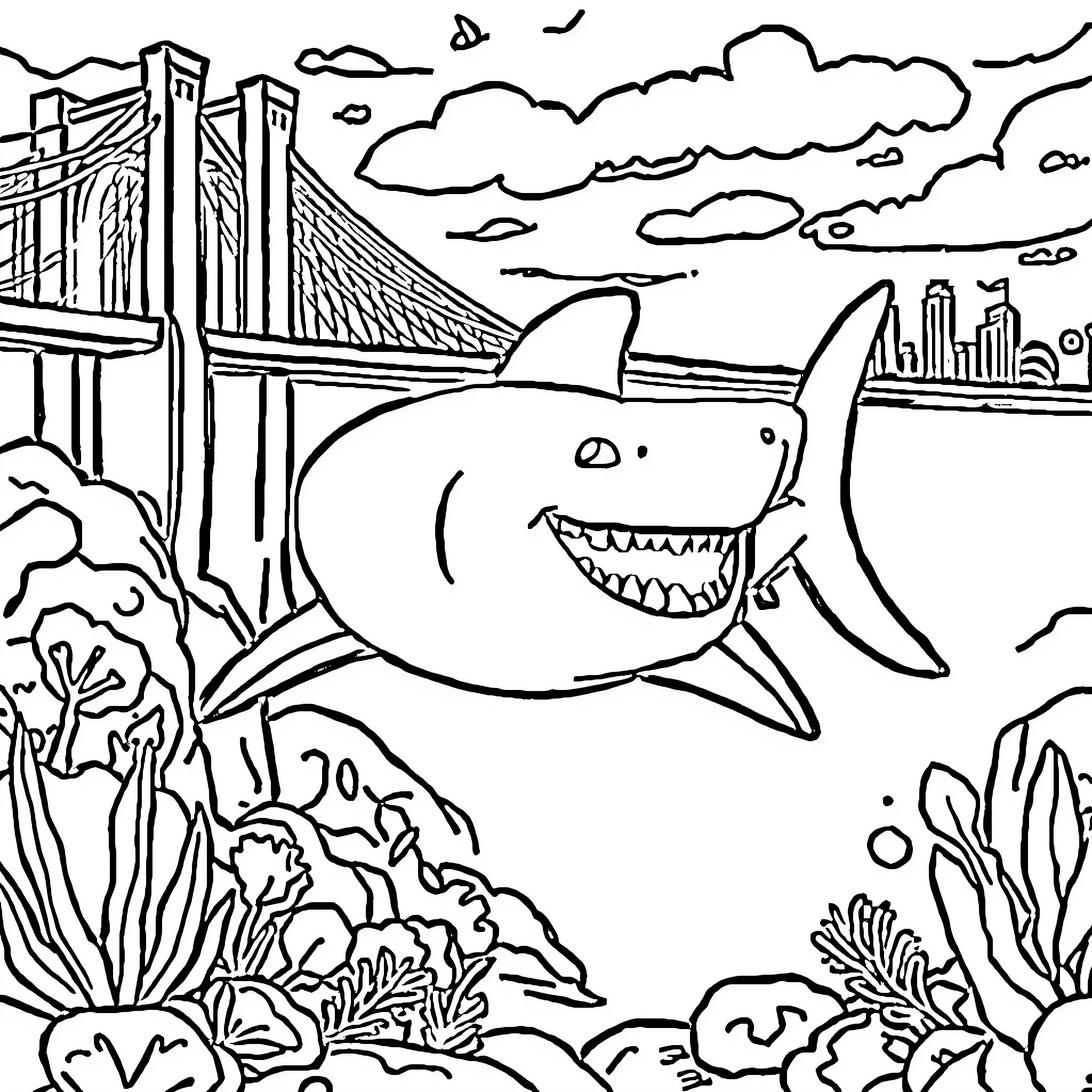 Baby Shark exploring the city skyline Coloring Page (free black-and-white line drawing printable PDF for all, from beginners to advanced learners, including children, teens, adults, and seniors)