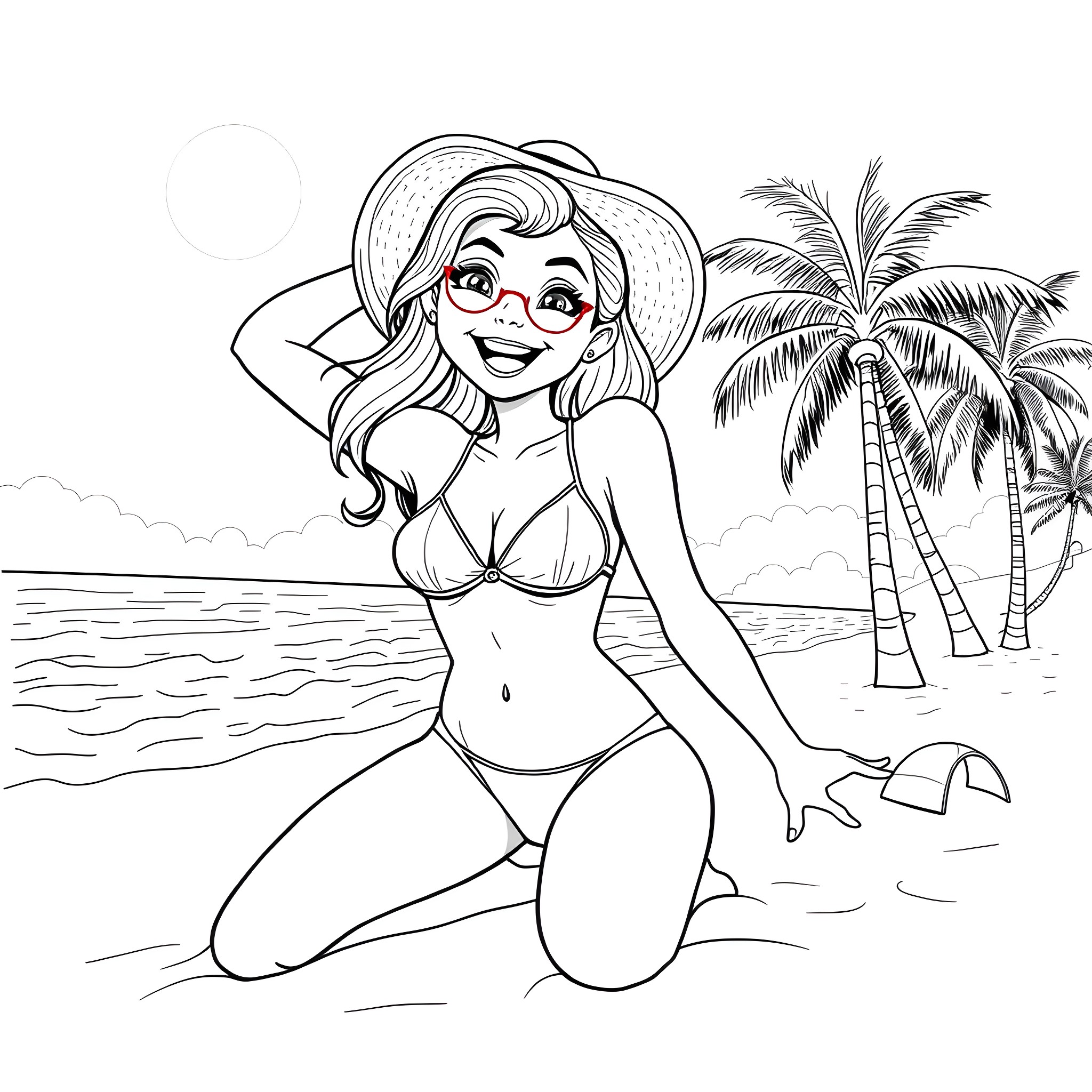 Anna Bell Peaks enjoys a sunny day at the beach Coloring Page (free black-and-white line drawing printable PDF for all, from beginners to advanced learners, including children, teens, adults, and seniors)