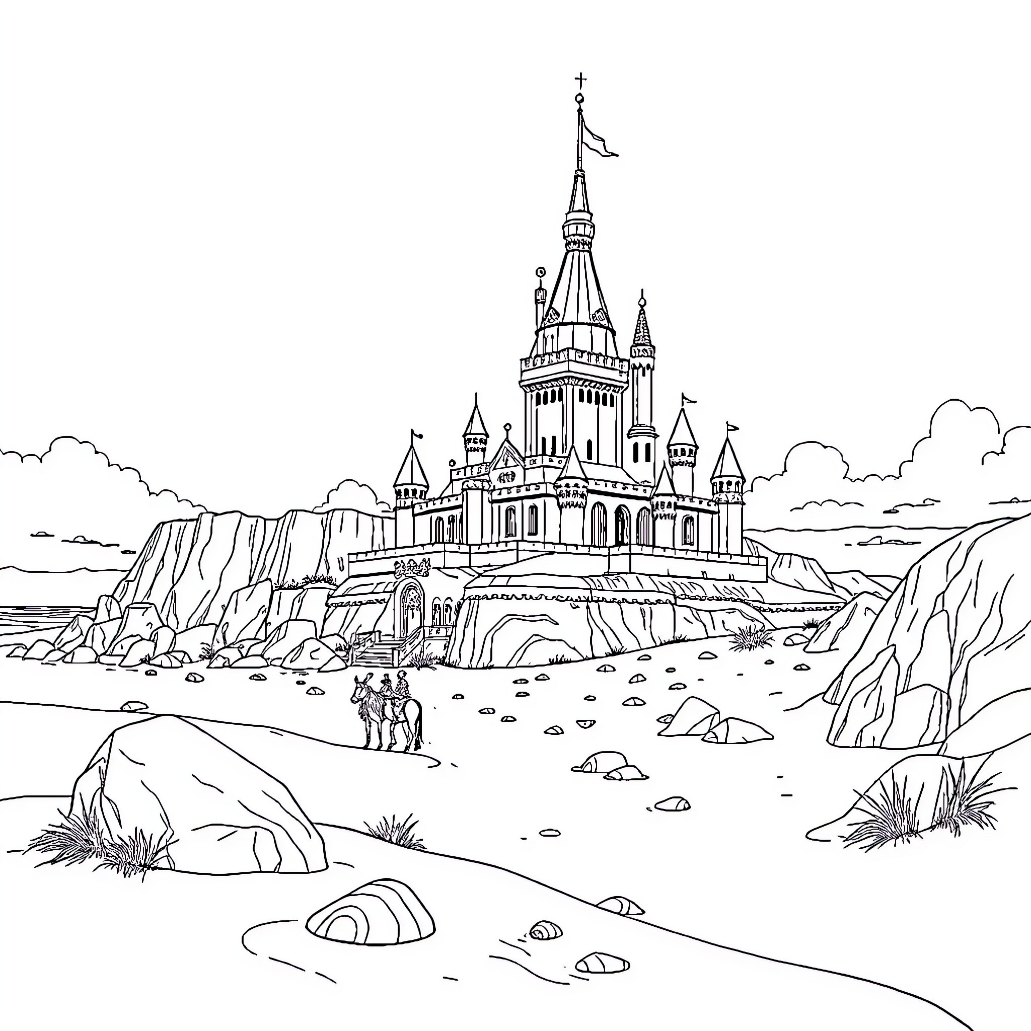 Sandcastle castle in a fantasy landscape Coloring Page (free black-and-white line drawing printable PDF for all, from beginners to advanced learners, including children, teens, adults, and seniors)