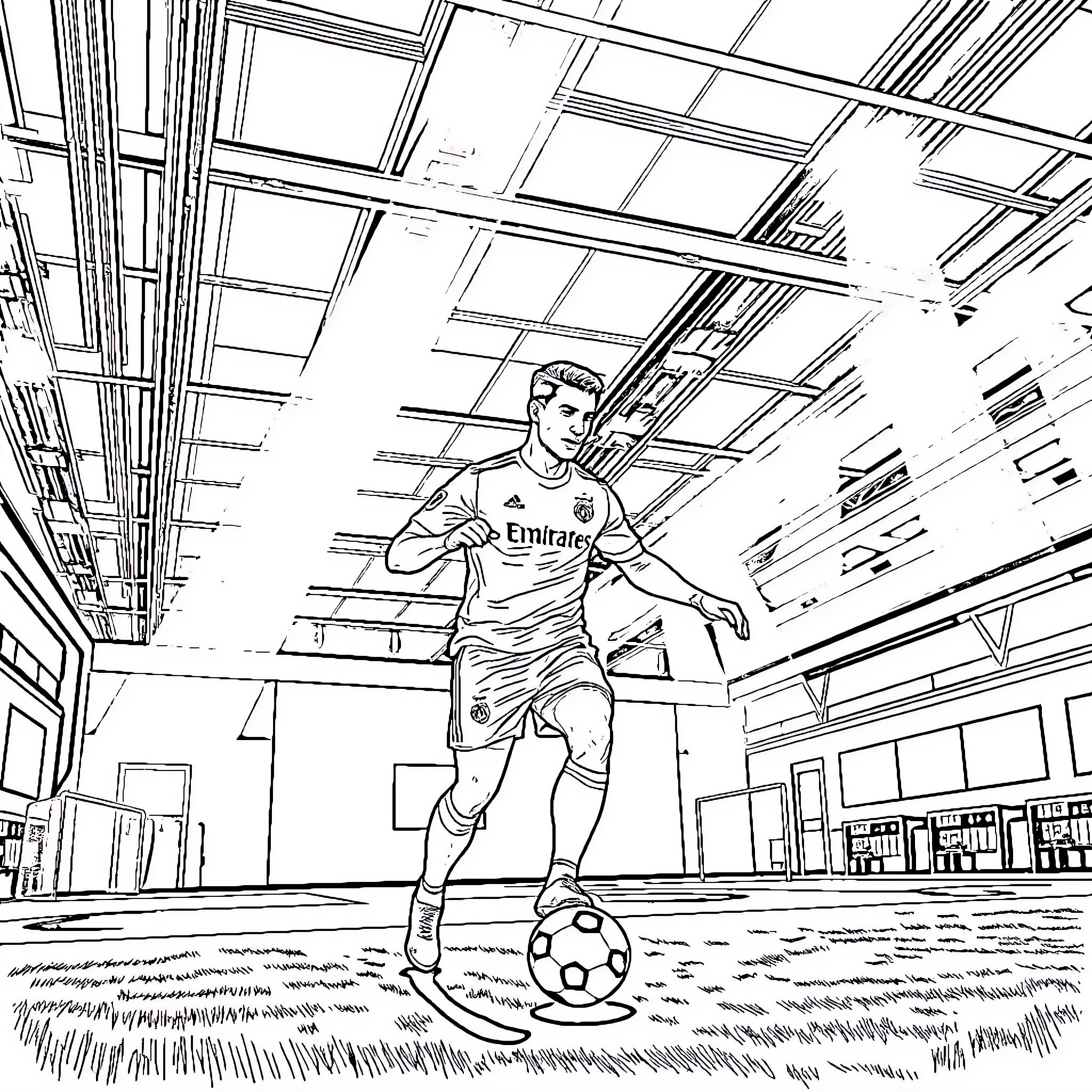 Ronaldo dribbling the ball on the field Coloring Page (free black-and-white line drawing printable PDF for all, from beginners to advanced learners, including children, teens, adults, and seniors)