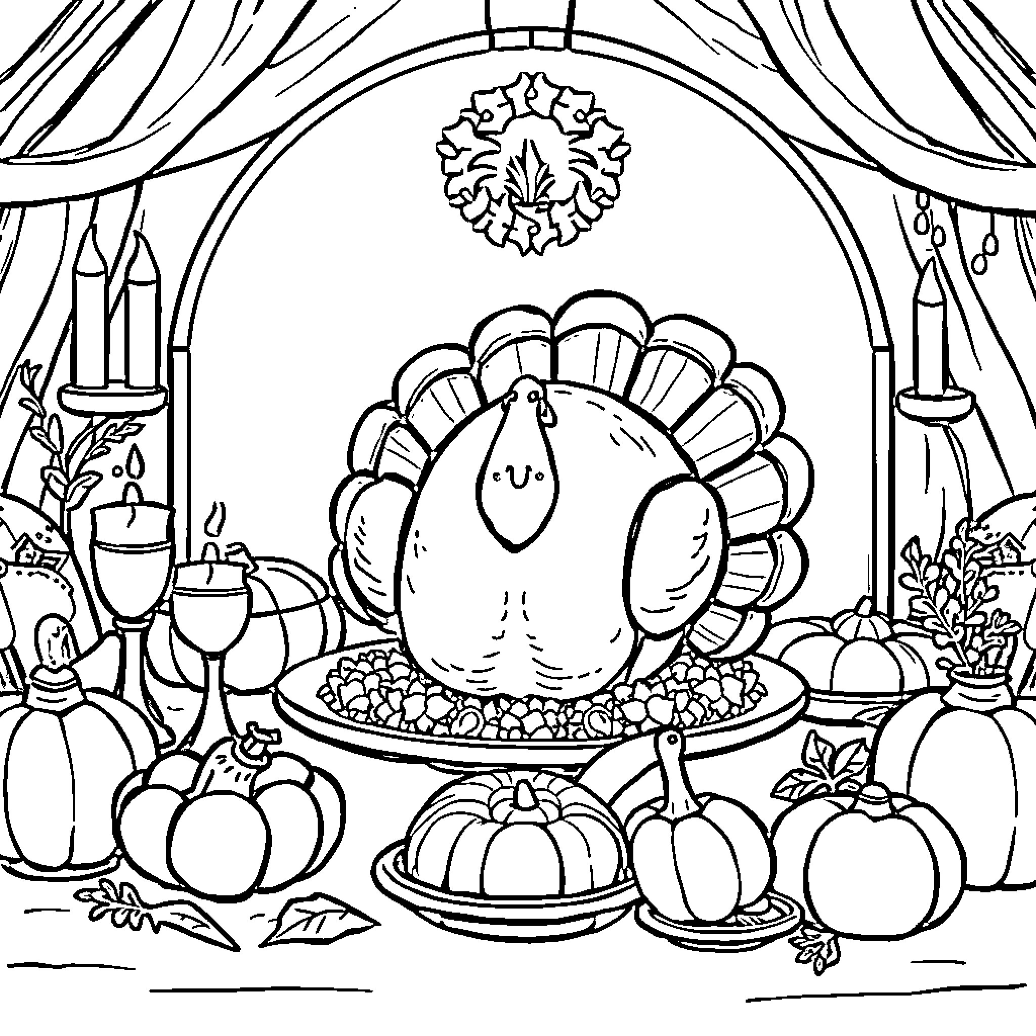 Thanksgiving Feast with Traditional Dishes and Decor Coloring Page (free black-and-white line drawing printable PDF for all, from beginners to advanced learners, including children, teens, adults, and seniors)