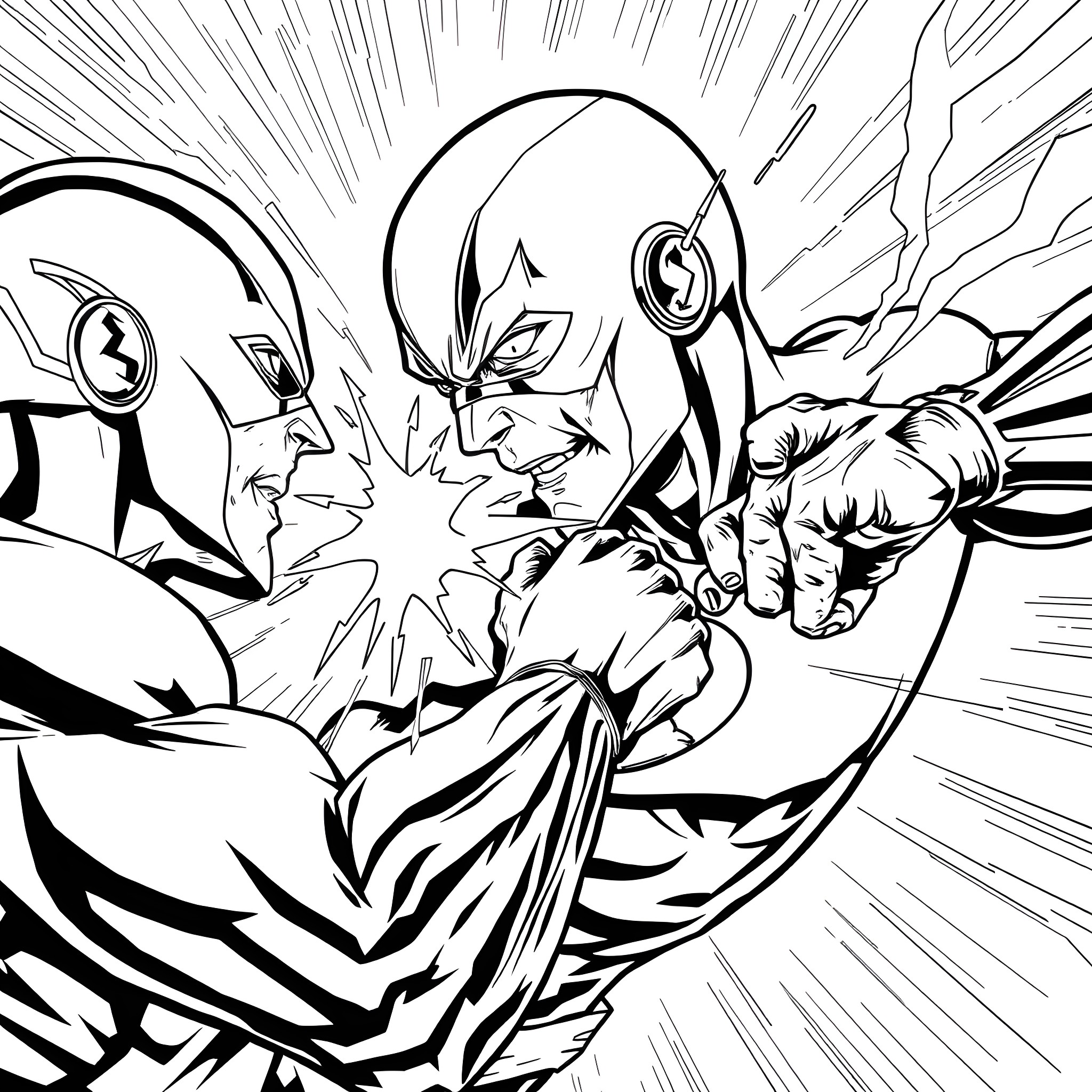 Flash Heroes in Epic Battle Coloring Page (free black-and-white line drawing printable PDF for all, from beginners to advanced learners, including children, teens, adults, and seniors)