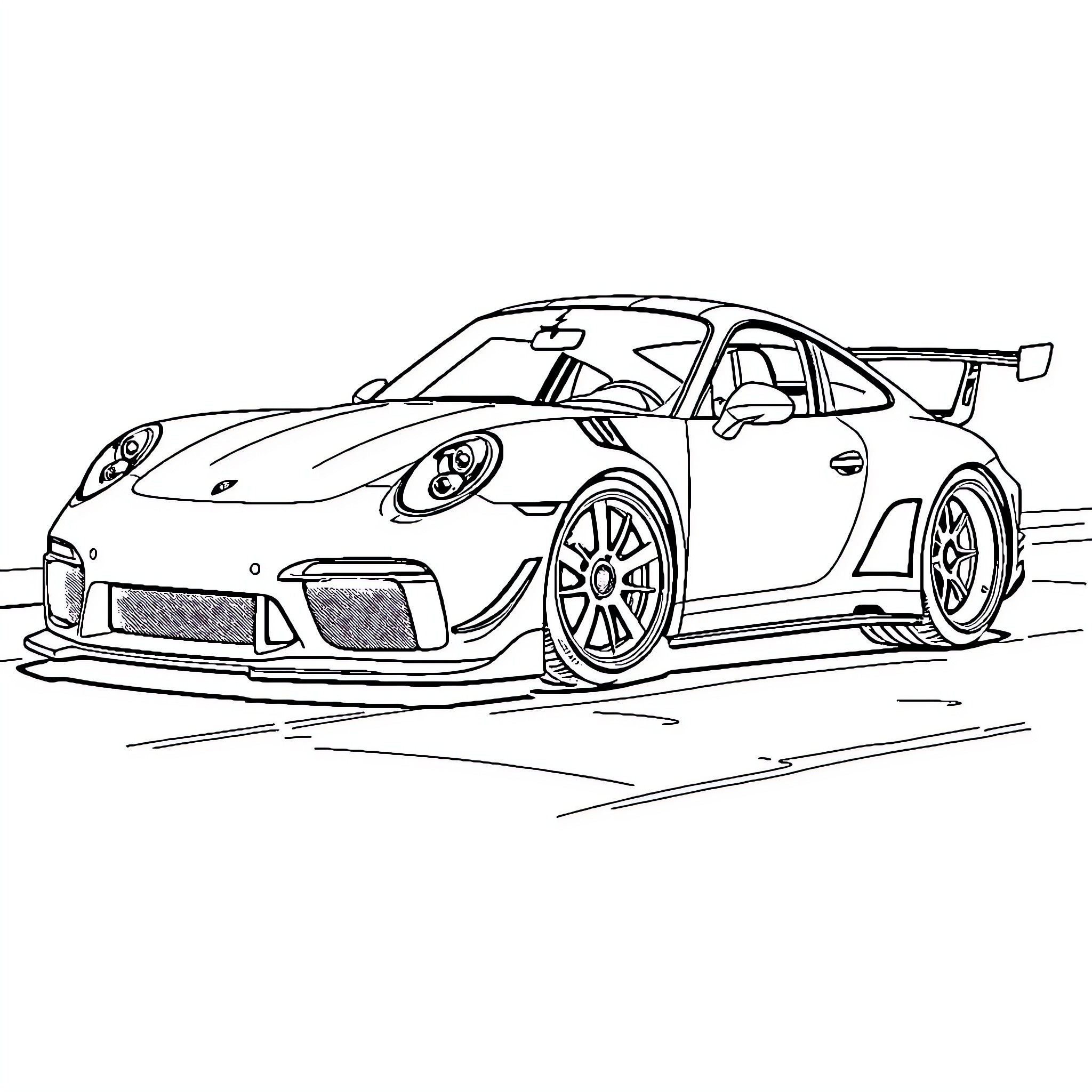 Porsche race car in motion on the track Coloring Page (free black-and-white line drawing printable PDF for all, from beginners to advanced learners, including children, teens, adults, and seniors)