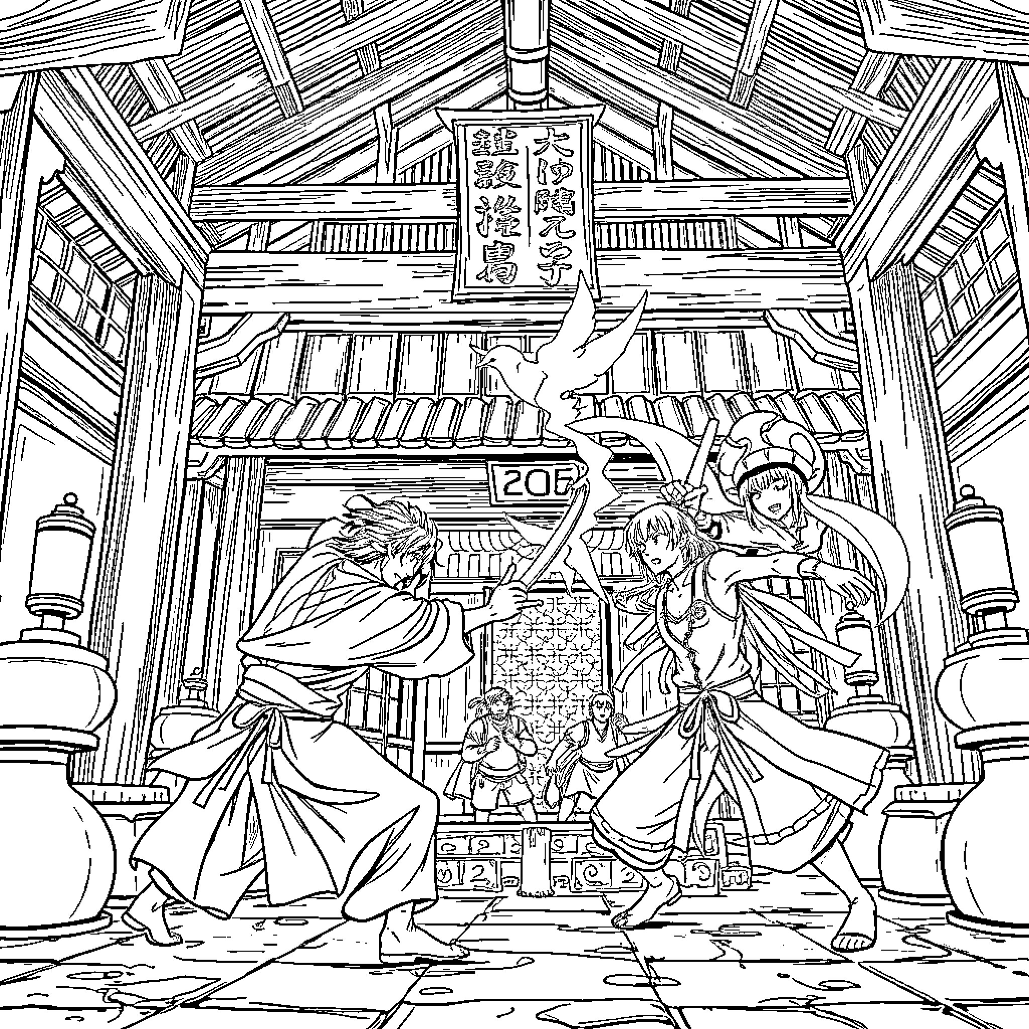 YUJI characters performing a ritual in a traditional temple Coloring Page (free black-and-white line drawing printable PDF for all, from beginners to advanced learners, including children, teens, adults, and seniors)