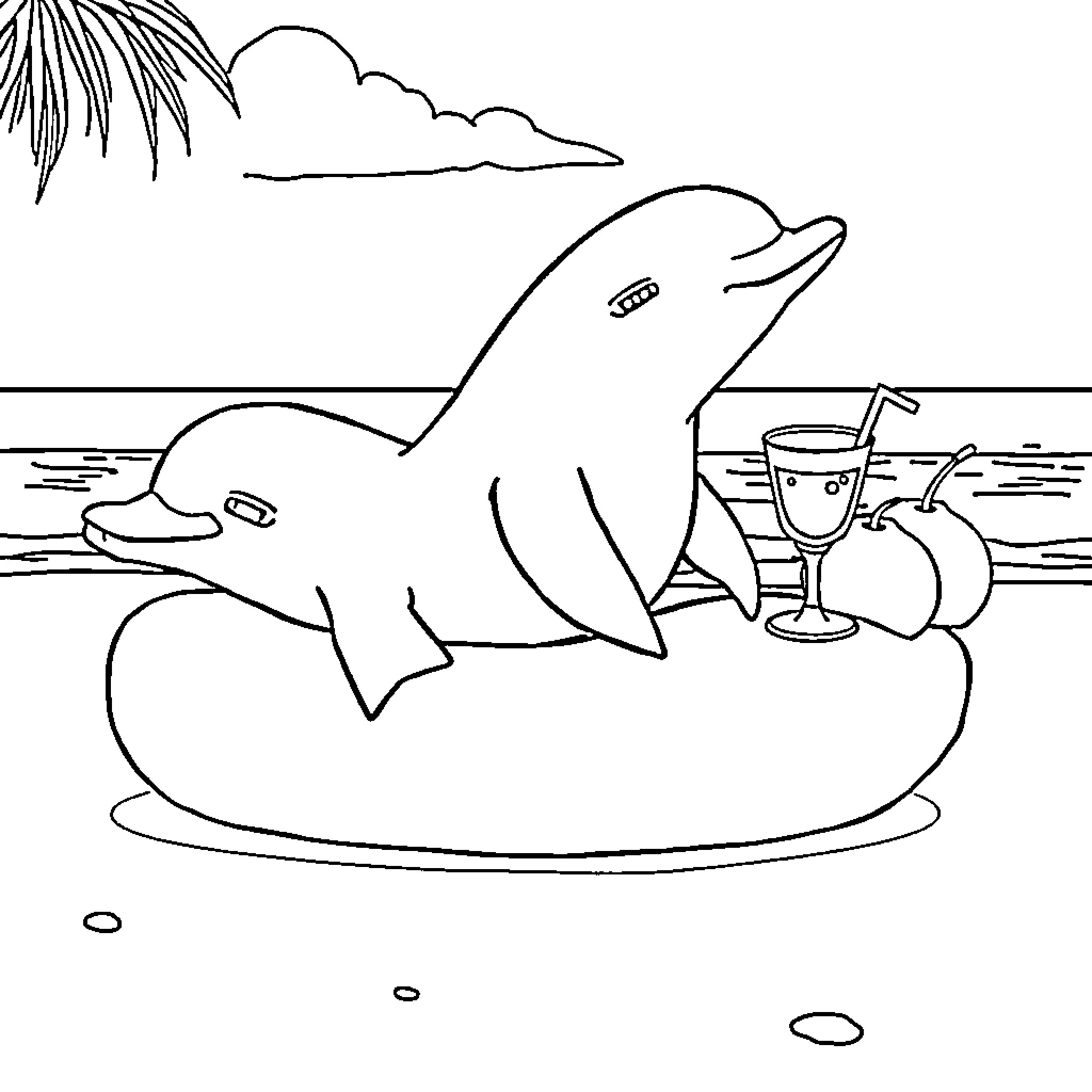 Dolphin relaxing on the beach with a drink Coloring Page (free black-and-white line drawing printable PDF for all, from beginners to advanced learners, including children, teens, adults, and seniors)
