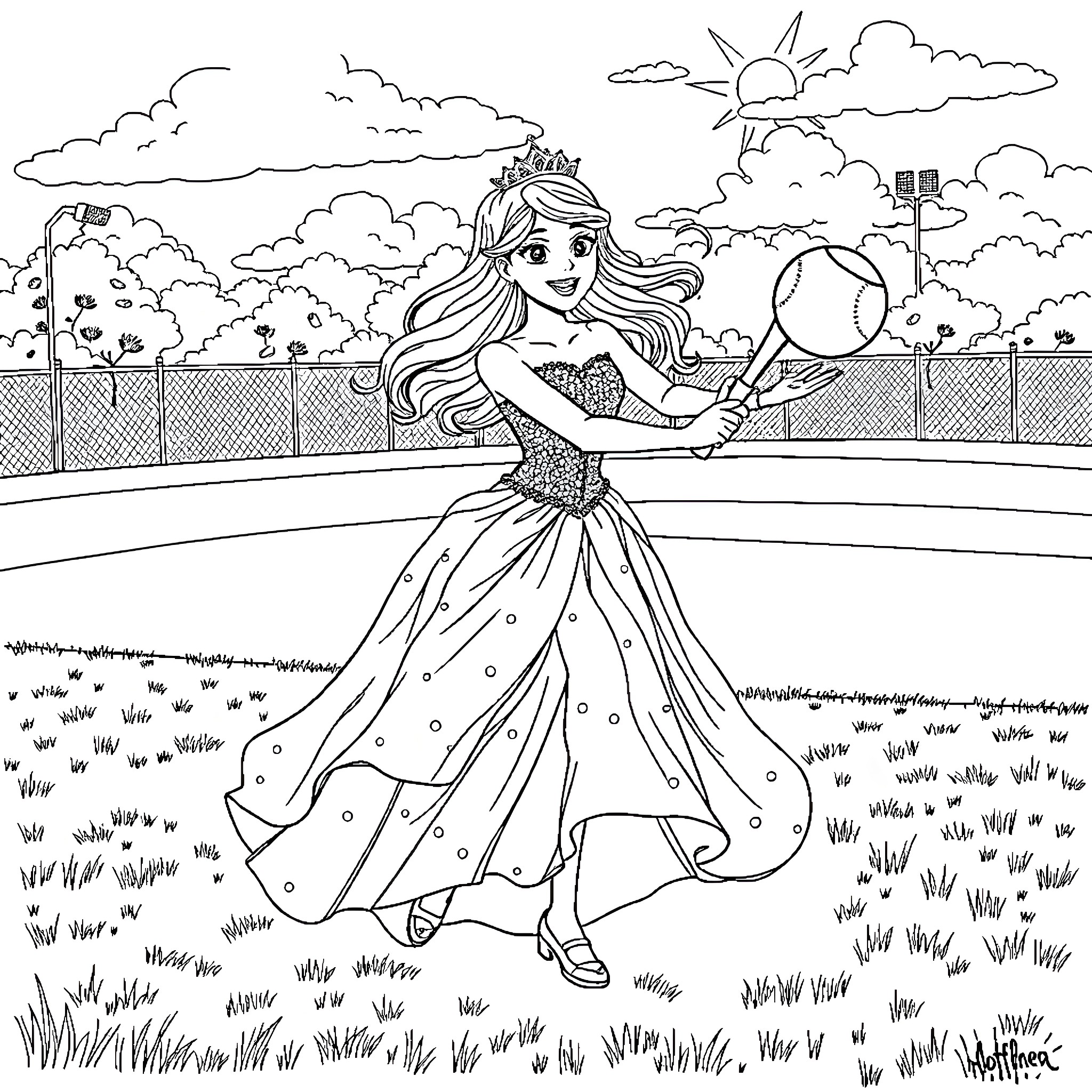 Princess Gracefully Dancing in an Outdoor Garden Coloring Page (free black-and-white line drawing printable PDF for all, from beginners to advanced learners, including children, teens, adults, and seniors)