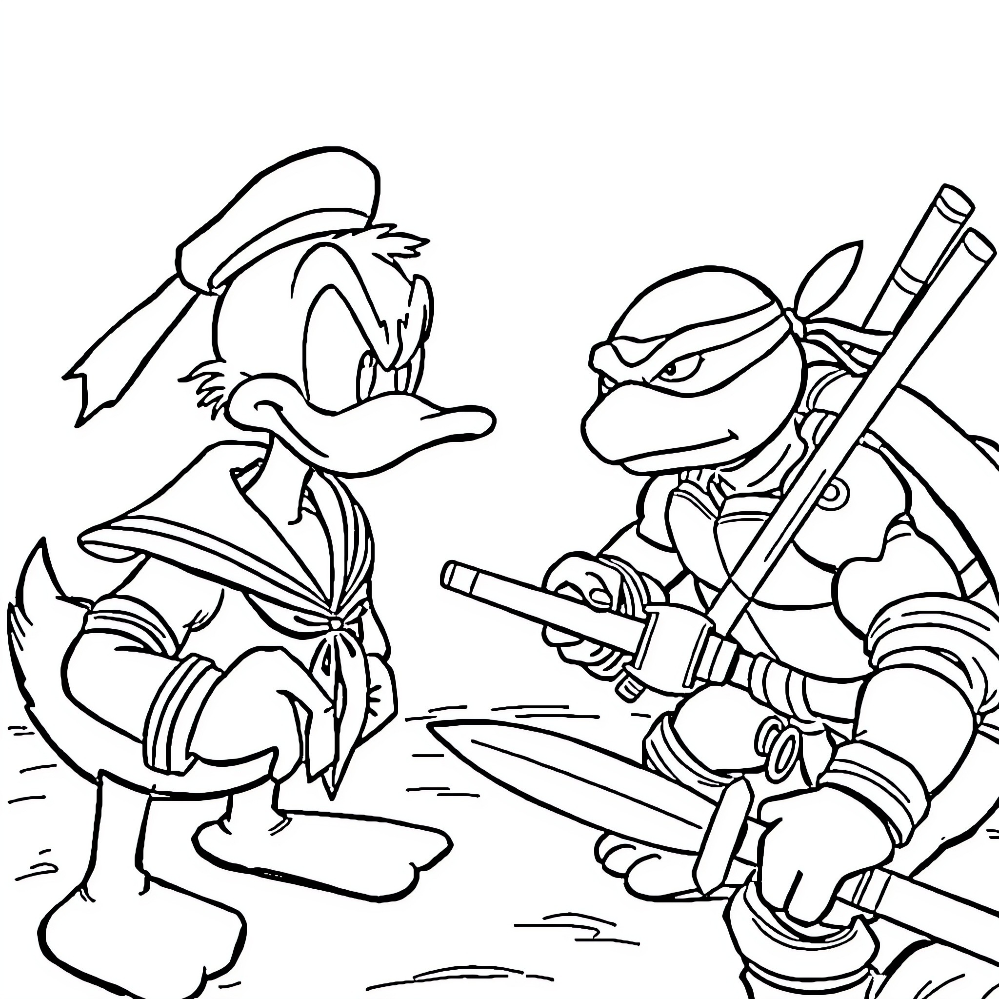 Donald Duck confronting a ninja turtle with weapons Coloring Page (free black-and-white line drawing printable PDF for all, from beginners to advanced learners, including children, teens, adults, and seniors)