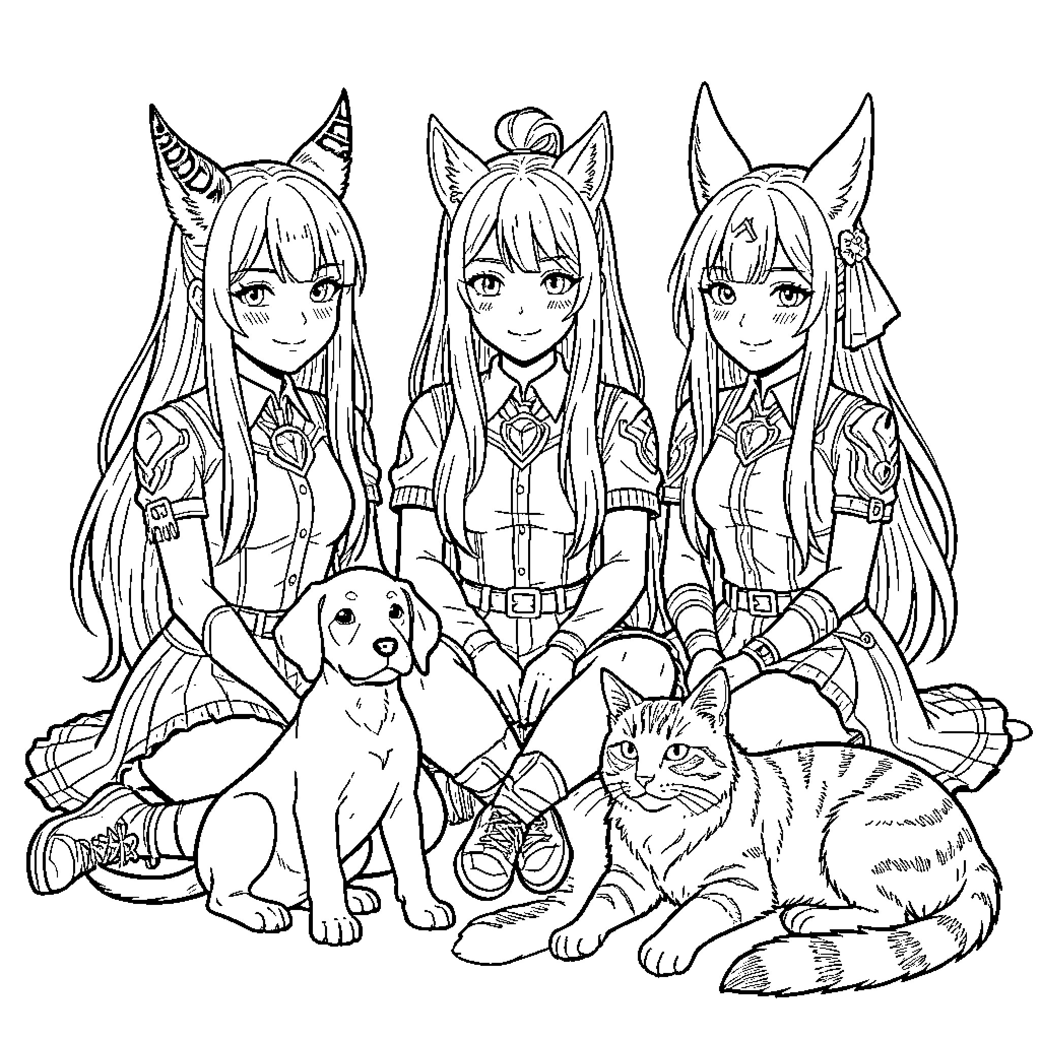 K-POP Demon Hunter girls posing with pets Coloring Page (free black-and-white line drawing printable PDF for all, from beginners to advanced learners, including children, teens, adults, and seniors)