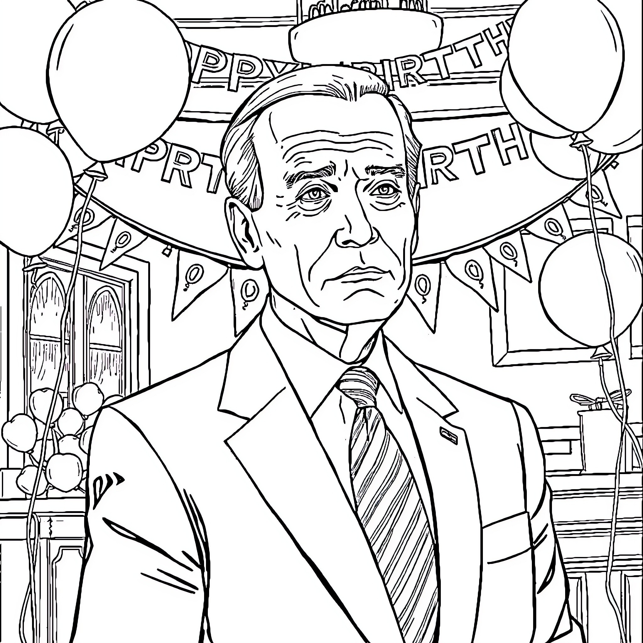 Joe Biden at a birthday celebration Coloring Page (free black-and-white line drawing printable PDF for all, from beginners to advanced learners, including children, teens, adults, and seniors)