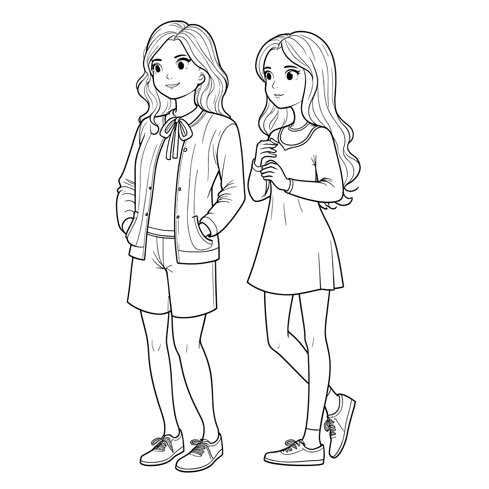 Daphne and her friend in casual outfits Coloring Page (free black-and-white line drawing printable PDF for all, from beginners to advanced learners, including children, teens, adults, and seniors)