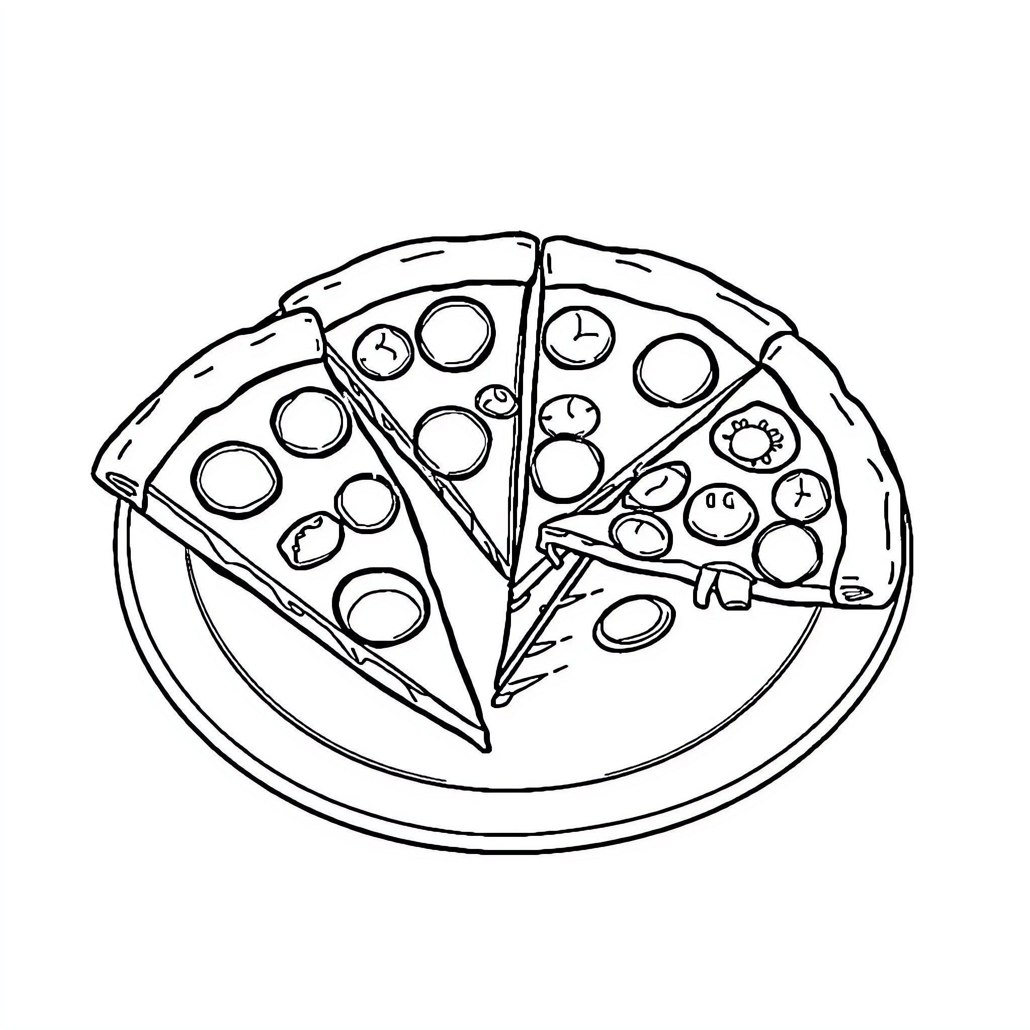 Pizza slices with various toppings Coloring Page (free black-and-white line drawing printable PDF for all, from beginners to advanced learners, including children, teens, adults, and seniors)