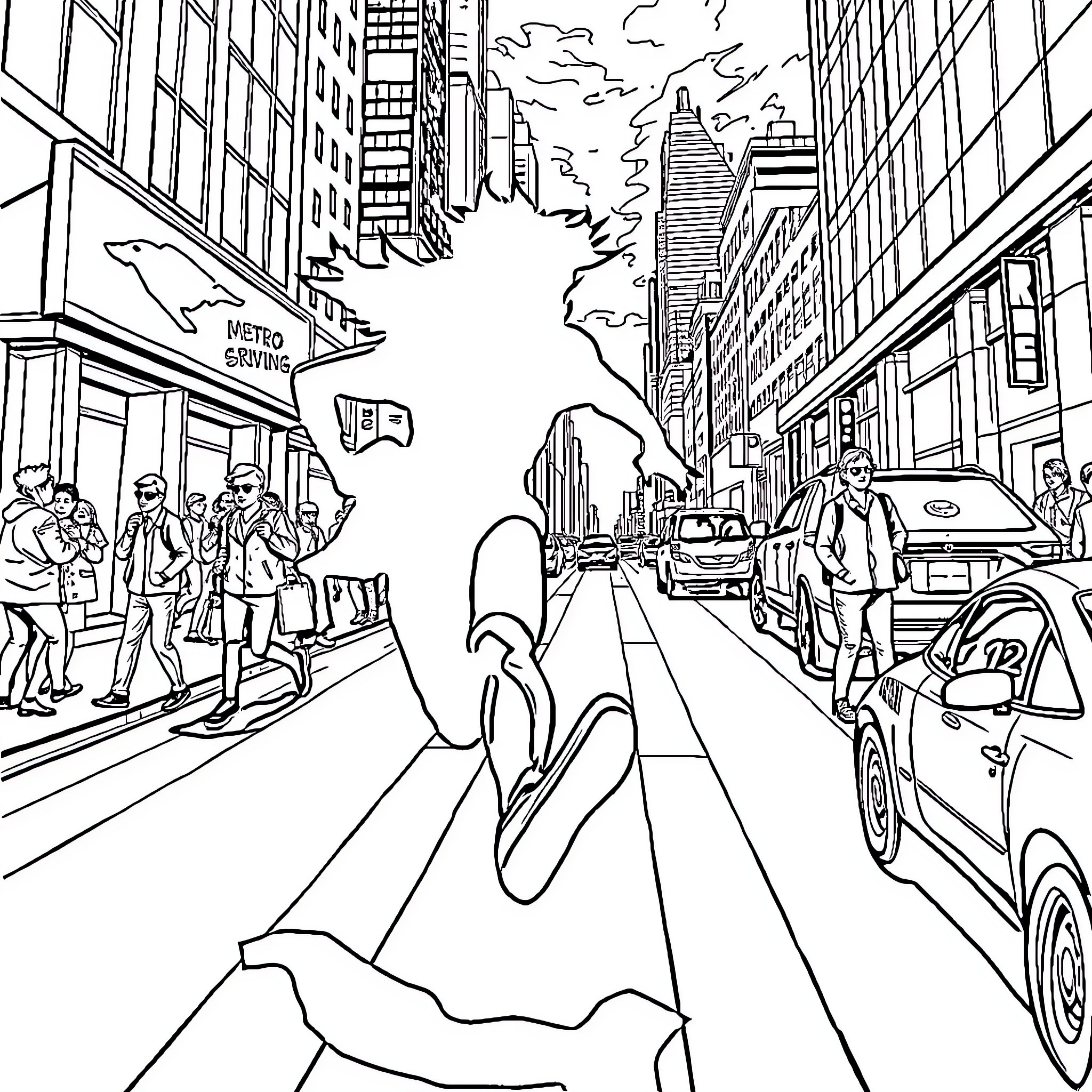 Shadow Scenes of a Bustling City Street Coloring Page (free black-and-white line drawing printable PDF for all, from beginners to advanced learners, including children, teens, adults, and seniors)