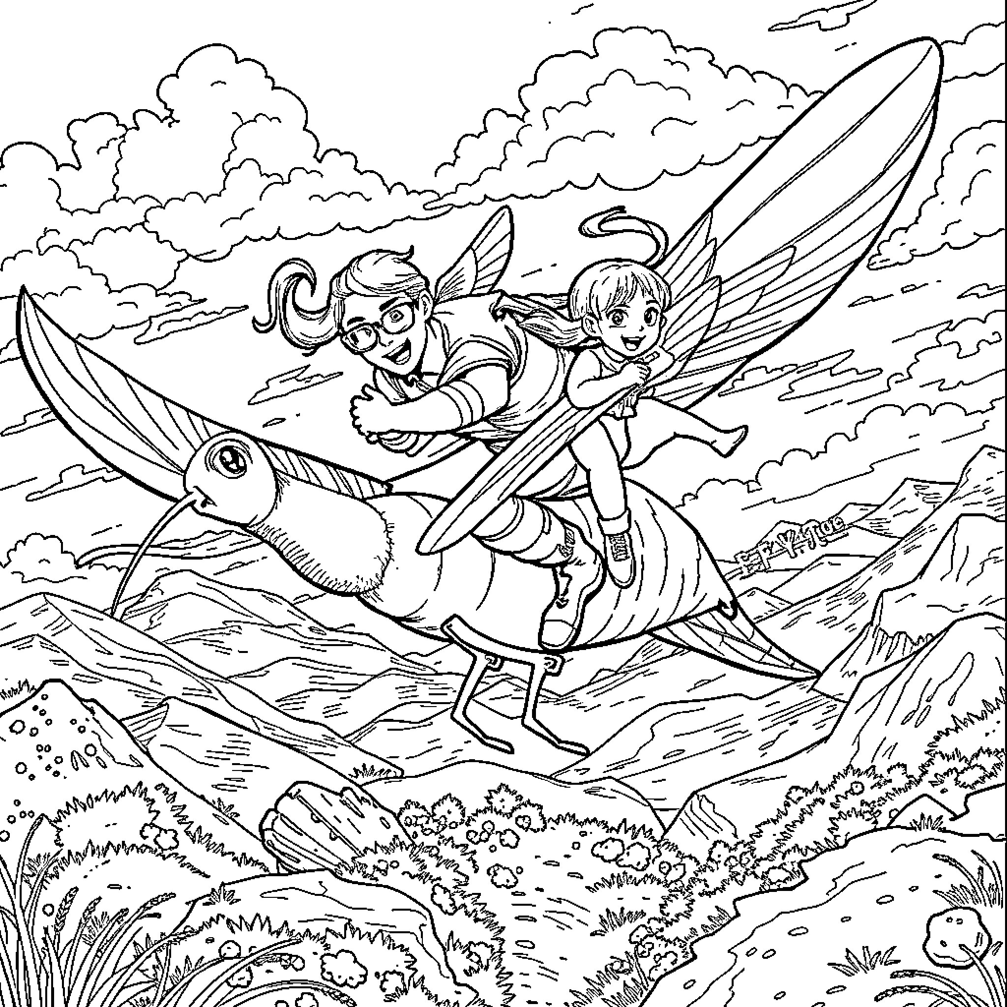 Michael Cole's magical adventure with winged companions Coloring Page (free black-and-white line drawing printable PDF for all, from beginners to advanced learners, including children, teens, adults, and seniors)