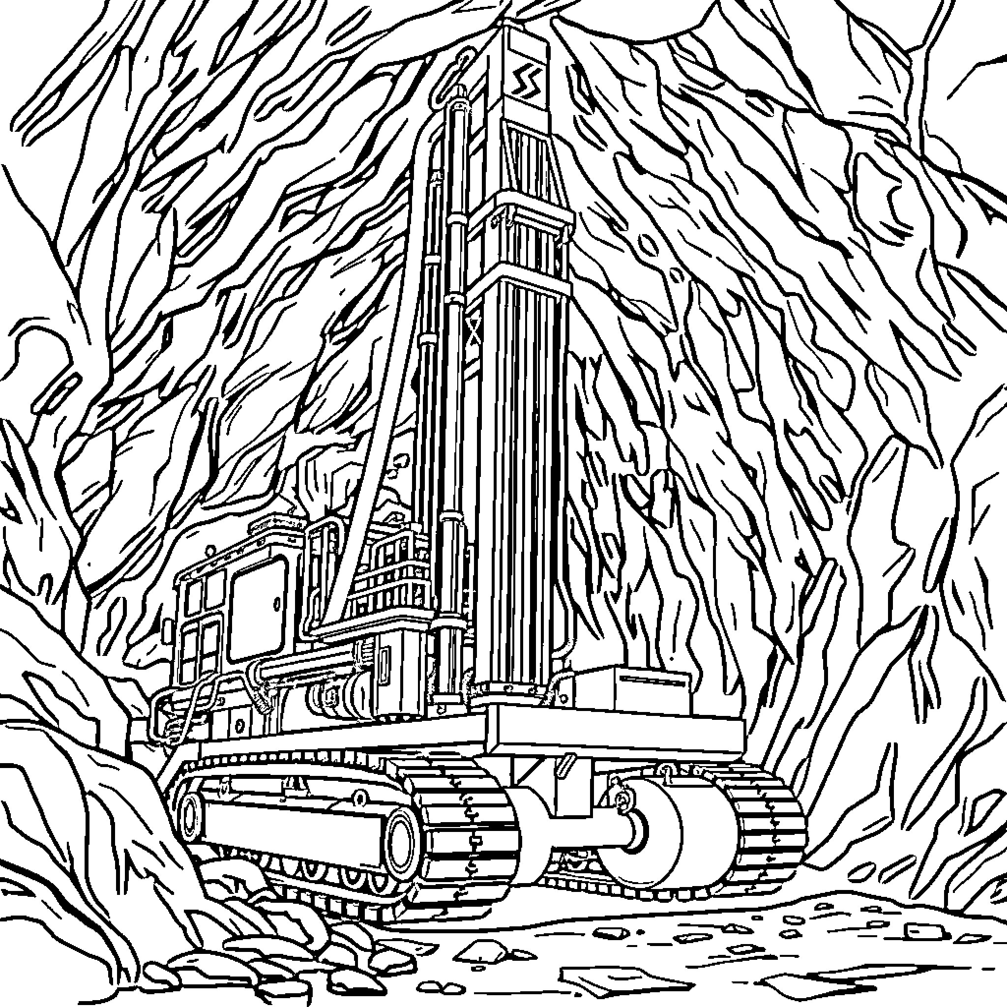 Jumbo industrial machine in winter landscape Coloring Page (free black-and-white line drawing printable PDF for all, from beginners to advanced learners, including children, teens, adults, and seniors)