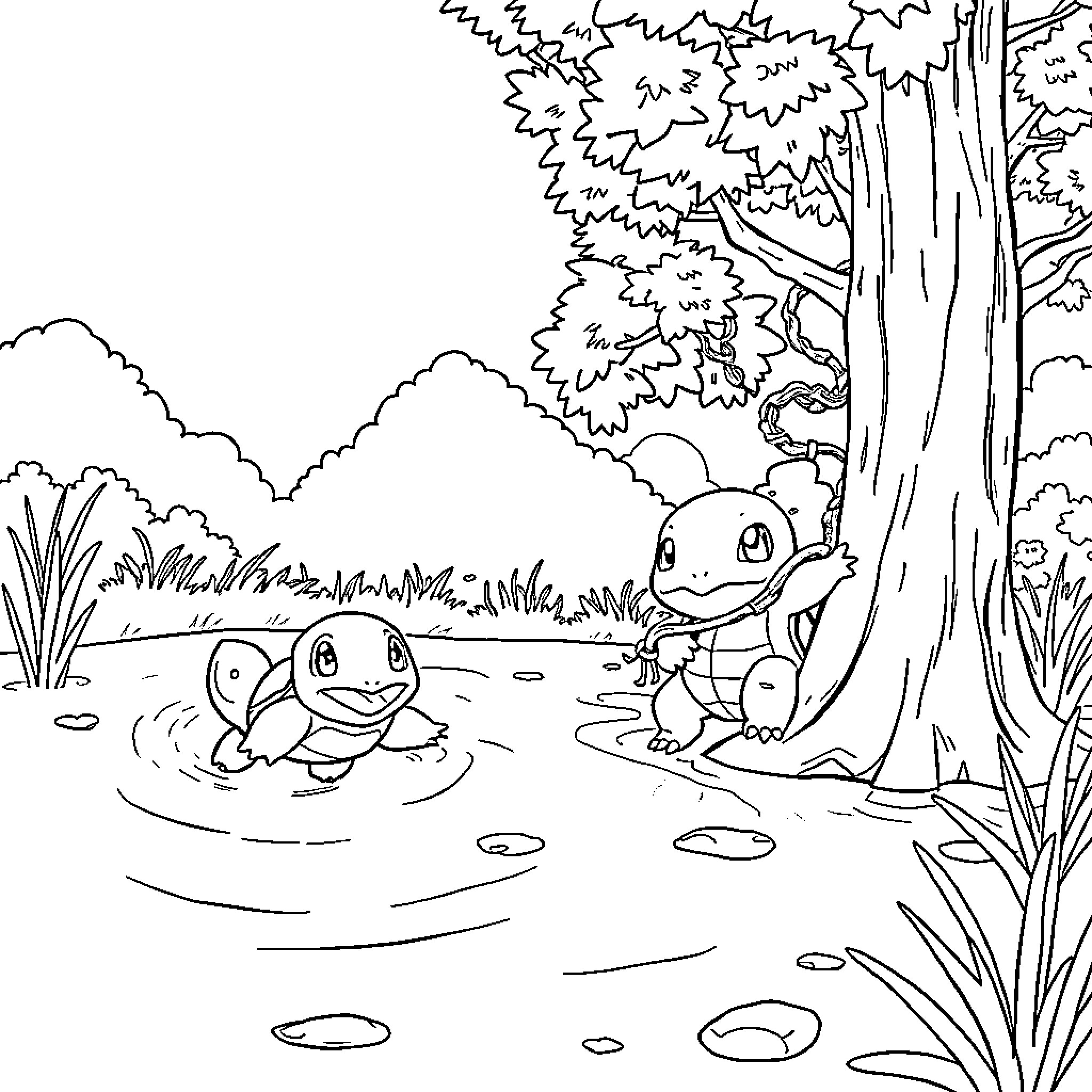 Squirtle playing with friends in a nature scene Coloring Page (free black-and-white line drawing printable PDF for all, from beginners to advanced learners, including children, teens, adults, and seniors)