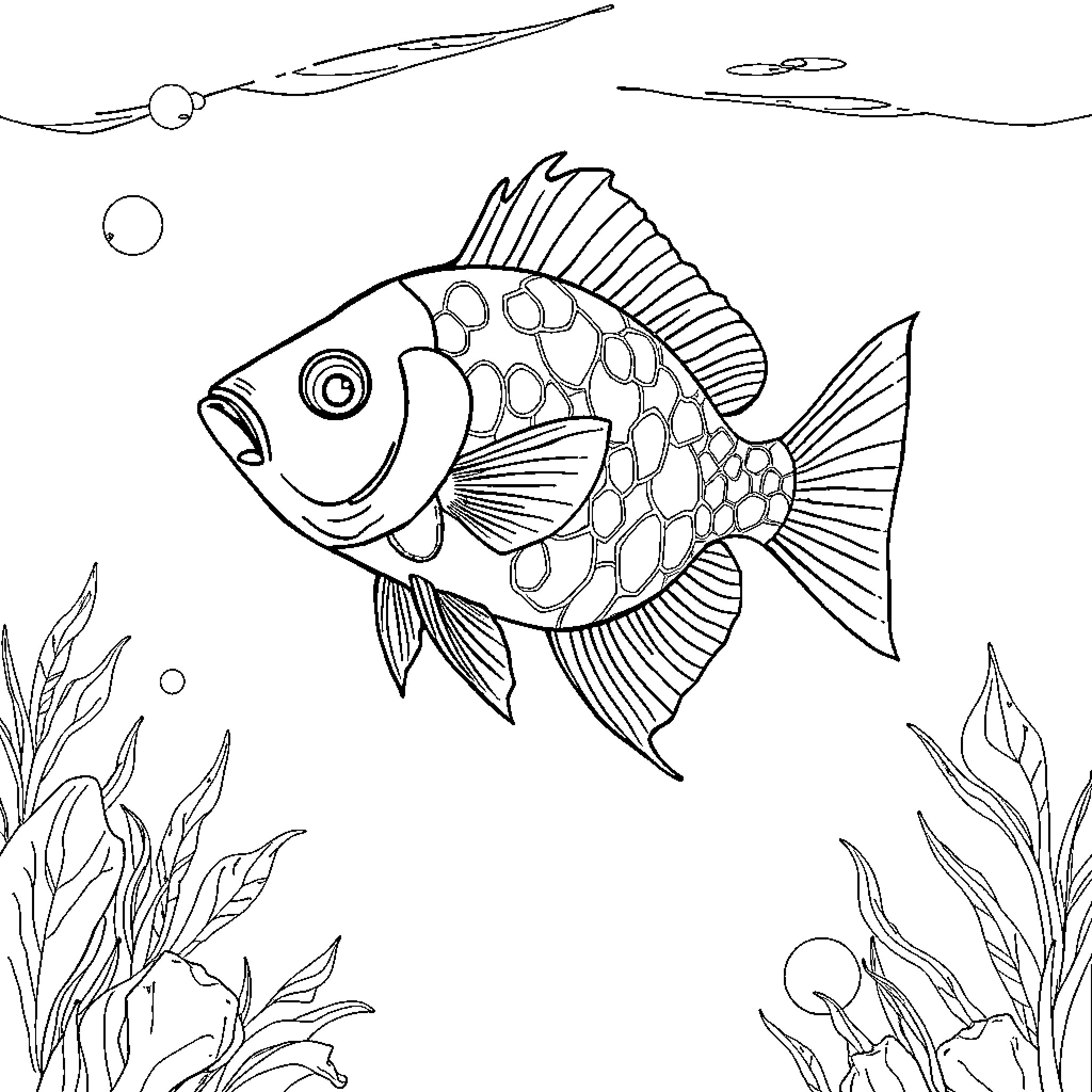 Fish swimming in the underwater scene Coloring Page (free black-and-white line drawing printable PDF for all, from beginners to advanced learners, including children, teens, adults, and seniors)