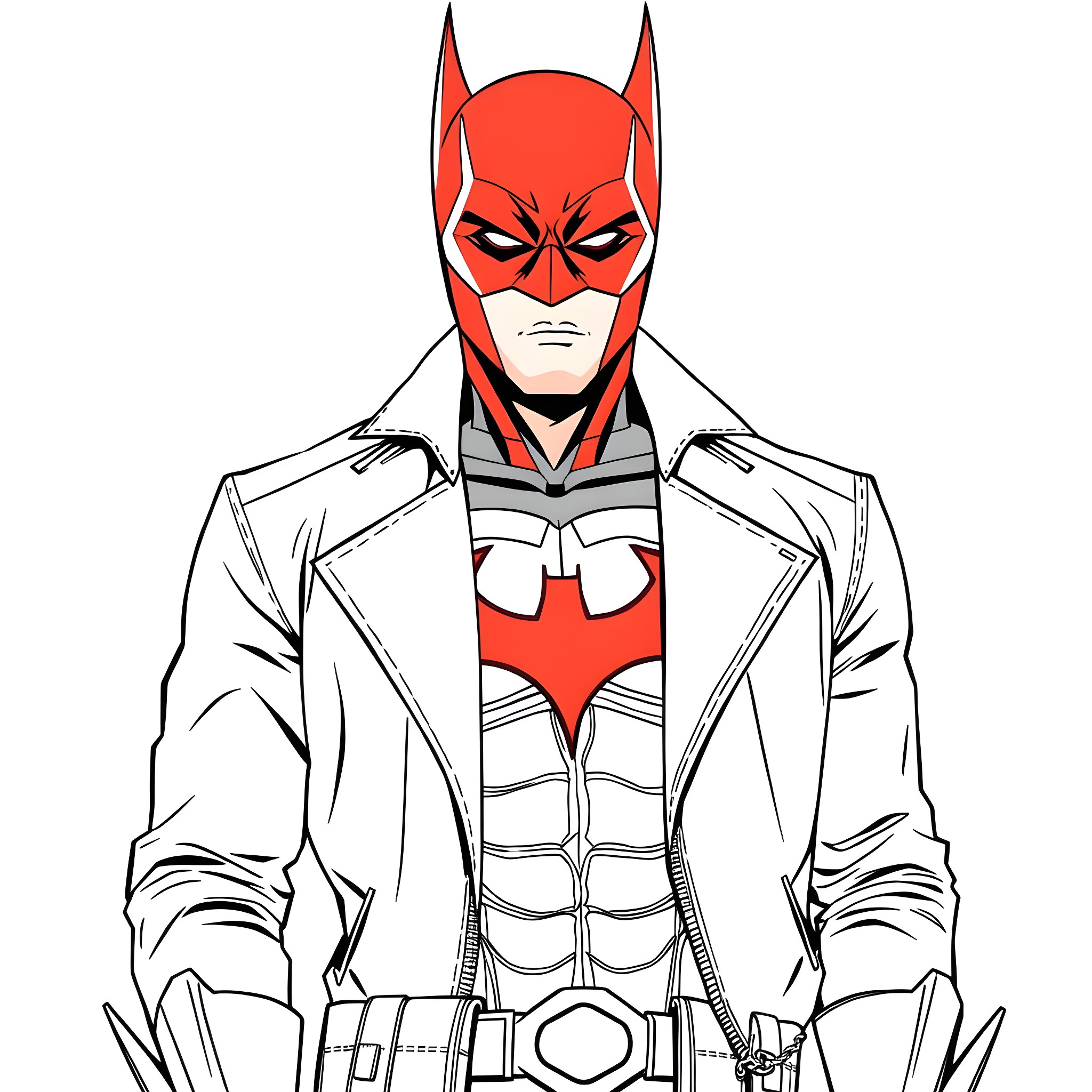 Red Hood Vigilante in Action Coloring Page (free black-and-white line drawing printable PDF for all, from beginners to advanced learners, including children, teens, adults, and seniors)