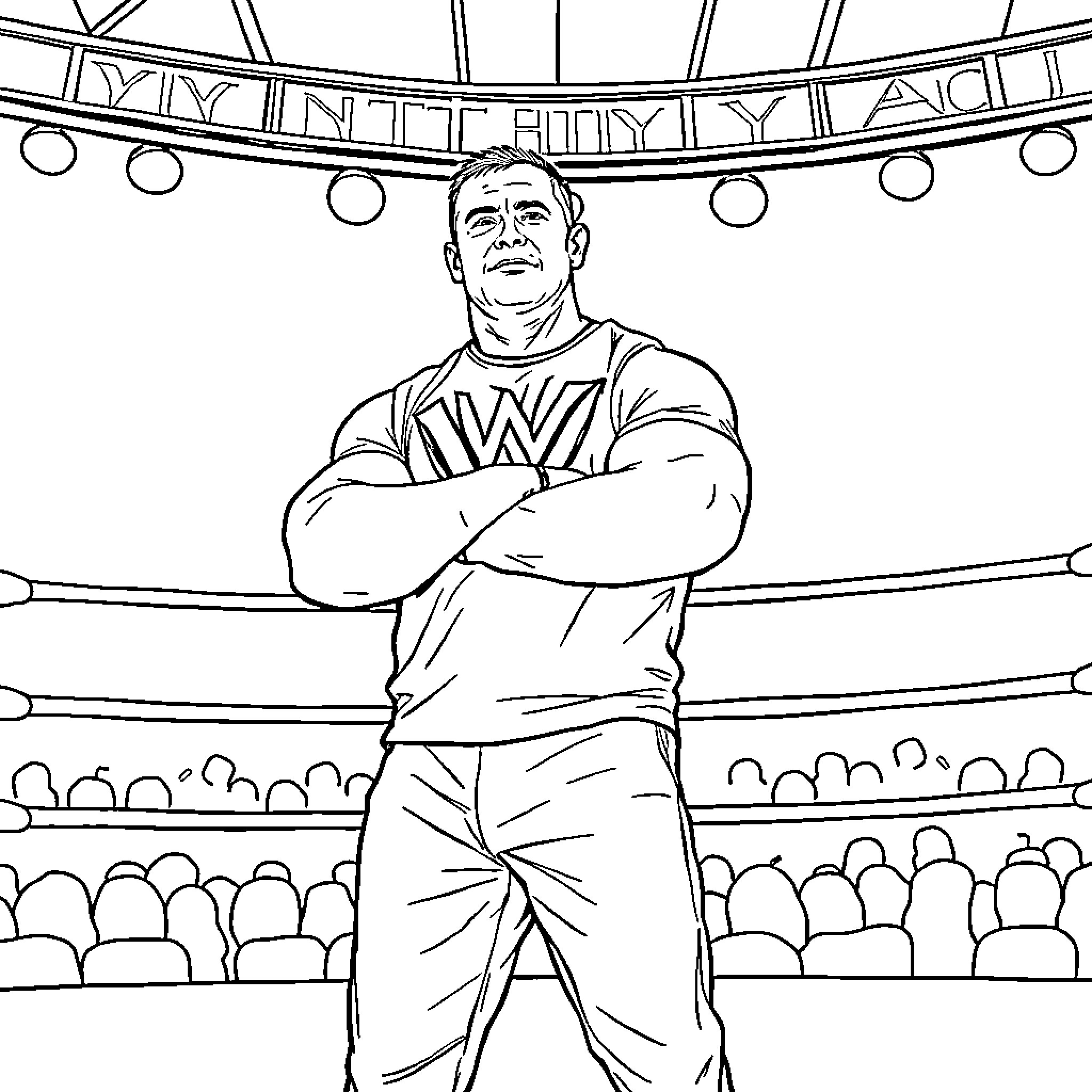 John Cena Standing Tall in the Wrestling Ring Coloring Page (free black-and-white line drawing printable PDF for all, from beginners to advanced learners, including children, teens, adults, and seniors)