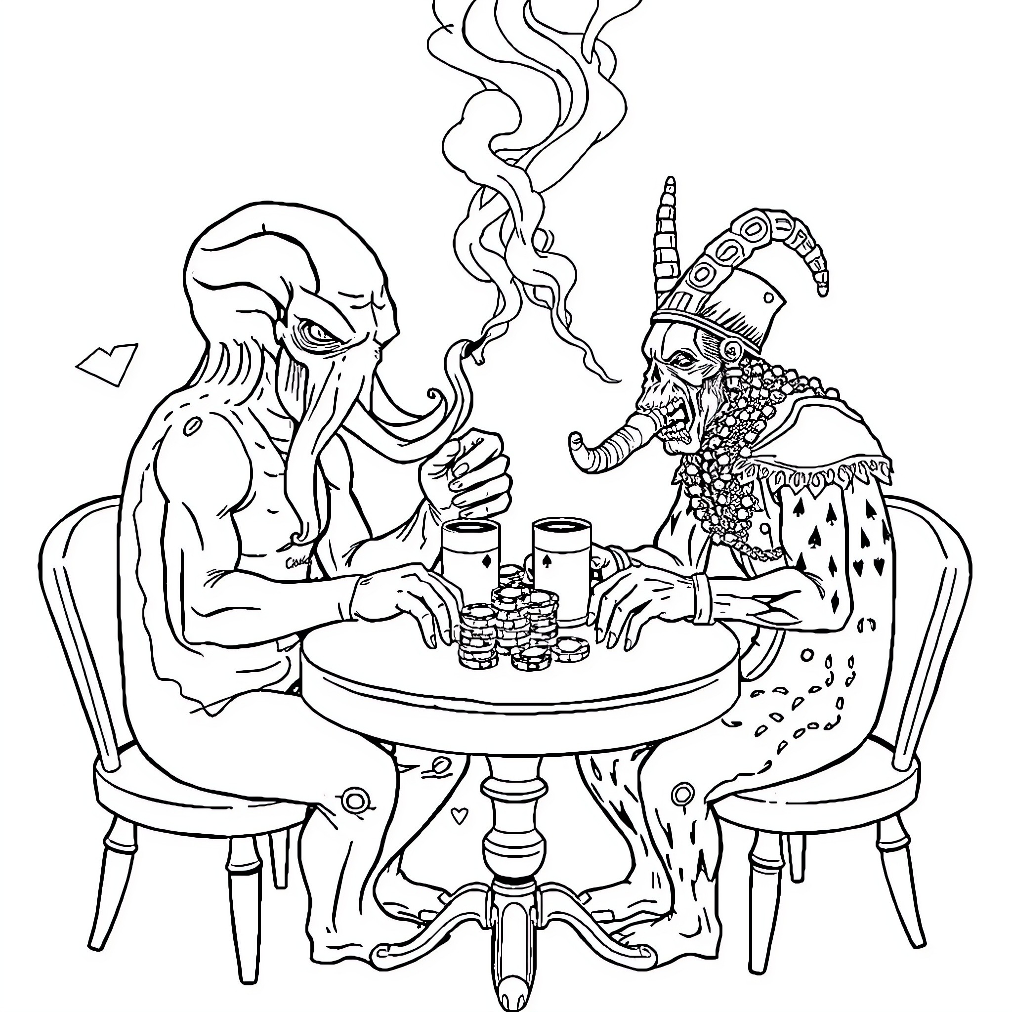 Cthulhu's Cosmic Tea Party Coloring Page (free black-and-white line drawing printable PDF for all, from beginners to advanced learners, including children, teens, adults, and seniors)