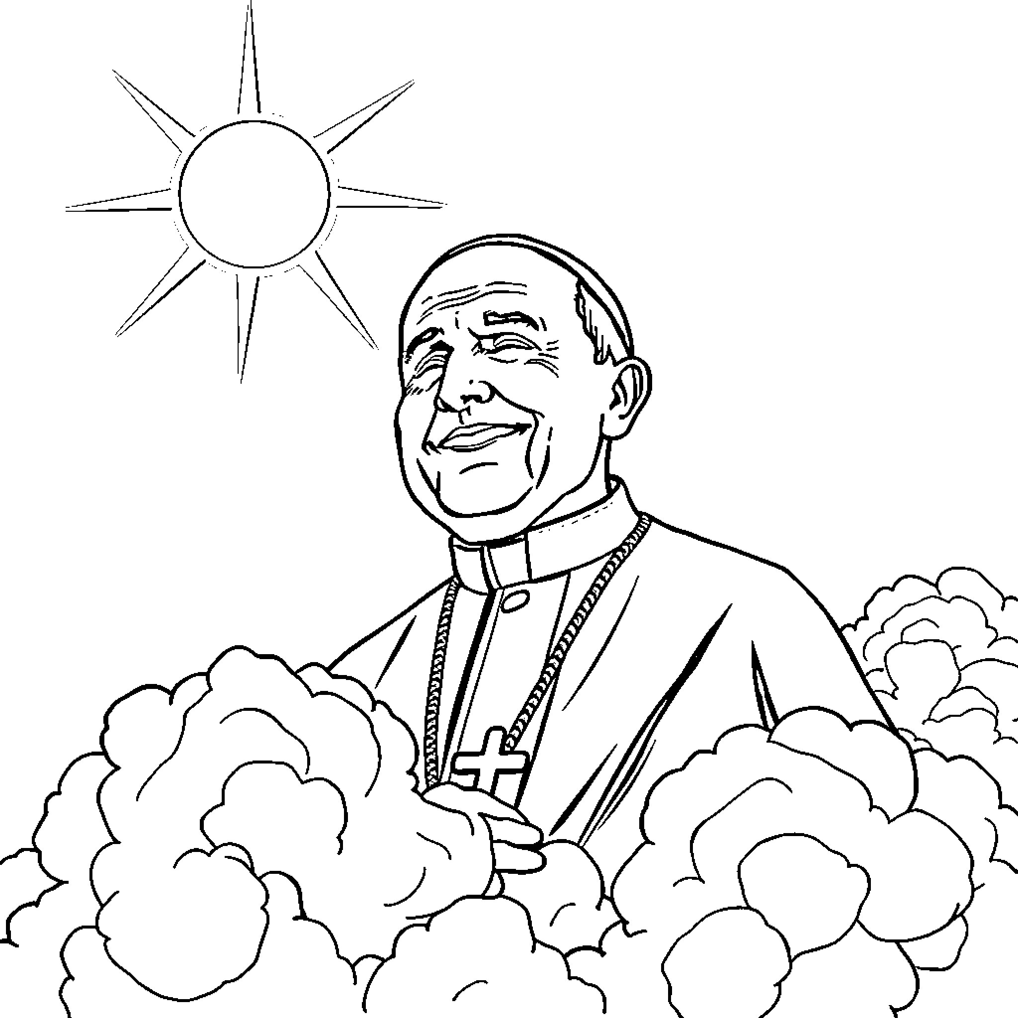 Saint Pope John Paul II in the clouds Coloring Page (free black-and-white line drawing printable PDF for all, from beginners to advanced learners, including children, teens, adults, and seniors)