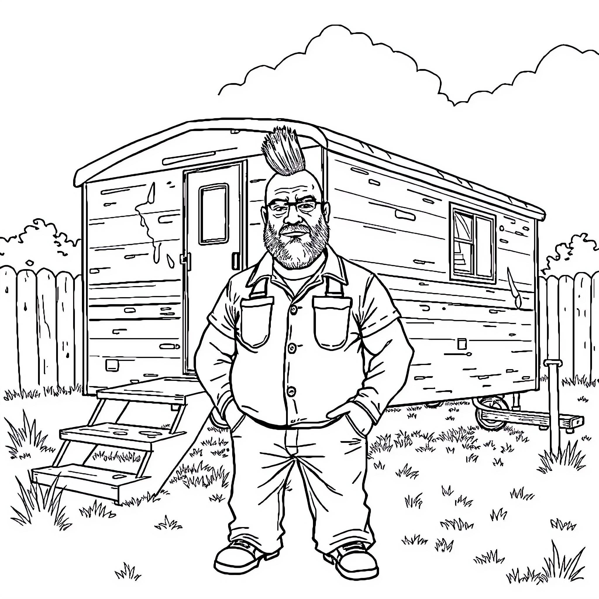 Man standing confidently in front of a rustic cabin Coloring Page (free black-and-white line drawing printable PDF for all, from beginners to advanced learners, including children, teens, adults, and seniors)