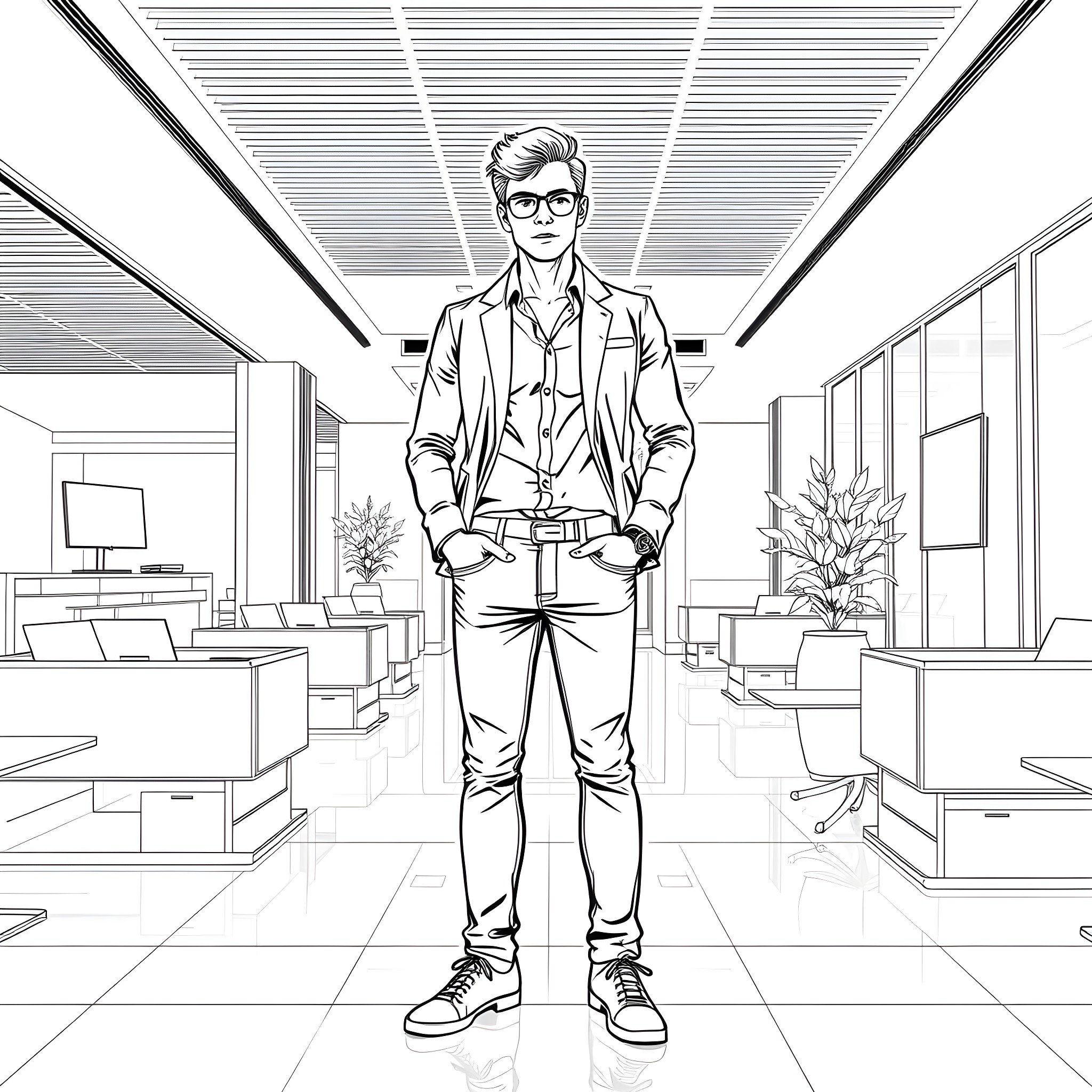 Man in casual office attire standing confidently Coloring Page (free black-and-white line drawing printable PDF for all, from beginners to advanced learners, including children, teens, adults, and seniors)