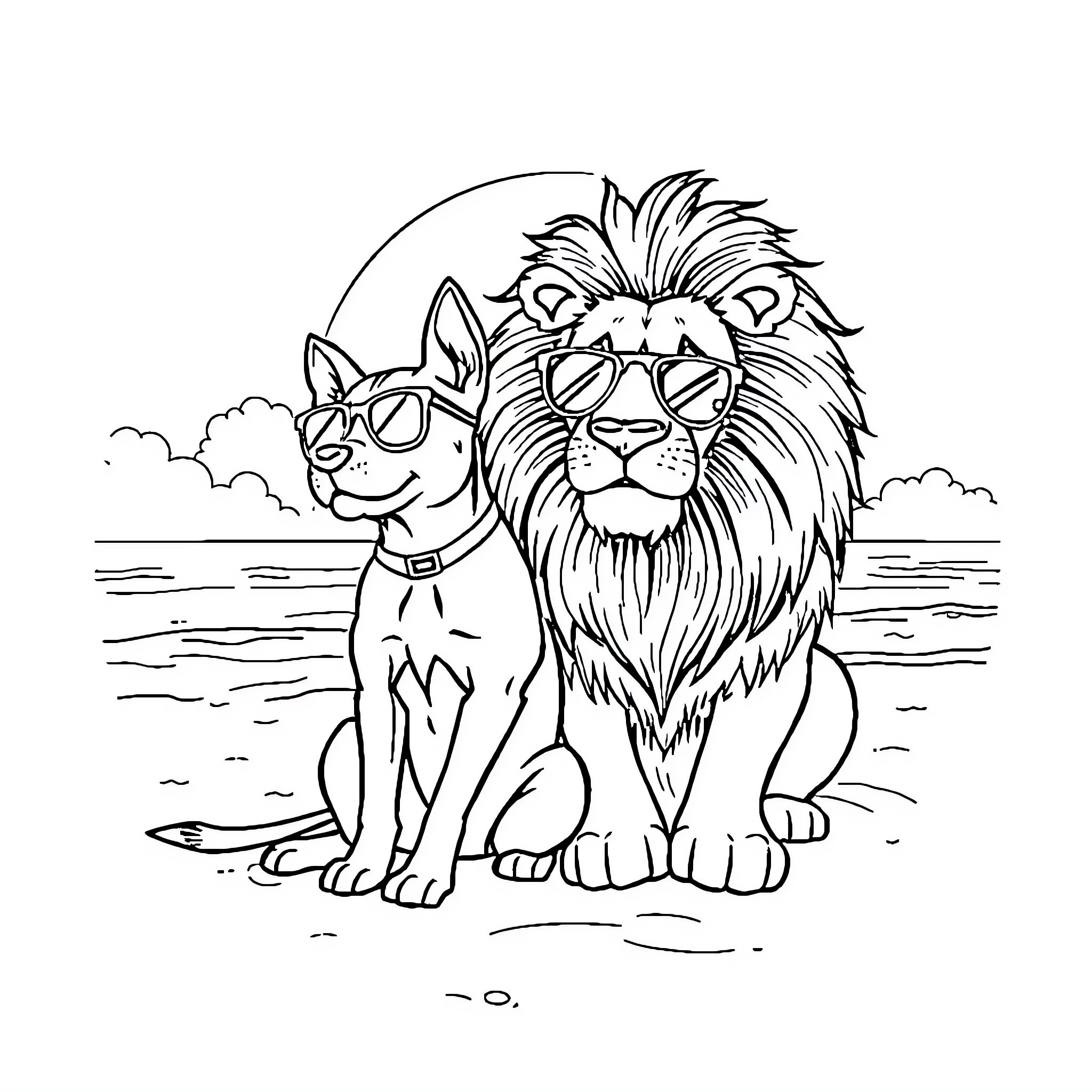 Dog and Lion Wearing Sunglasses on the Beach Coloring Page (free black-and-white line drawing printable PDF for all, from beginners to advanced learners, including children, teens, adults, and seniors)