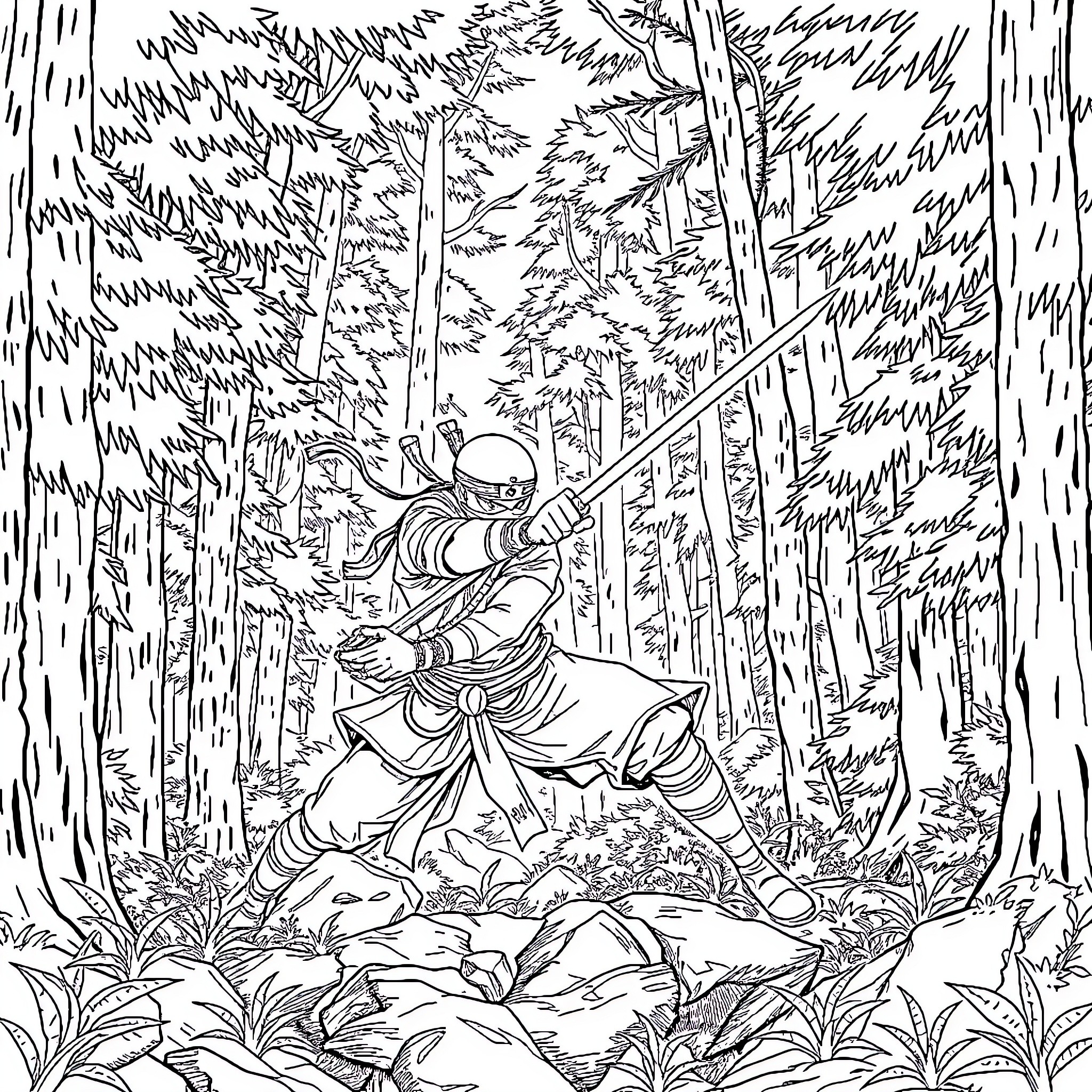 Ninja warrior fighting amidst dense forest Coloring Page (free black-and-white line drawing printable PDF for all, from beginners to advanced learners, including children, teens, adults, and seniors)
