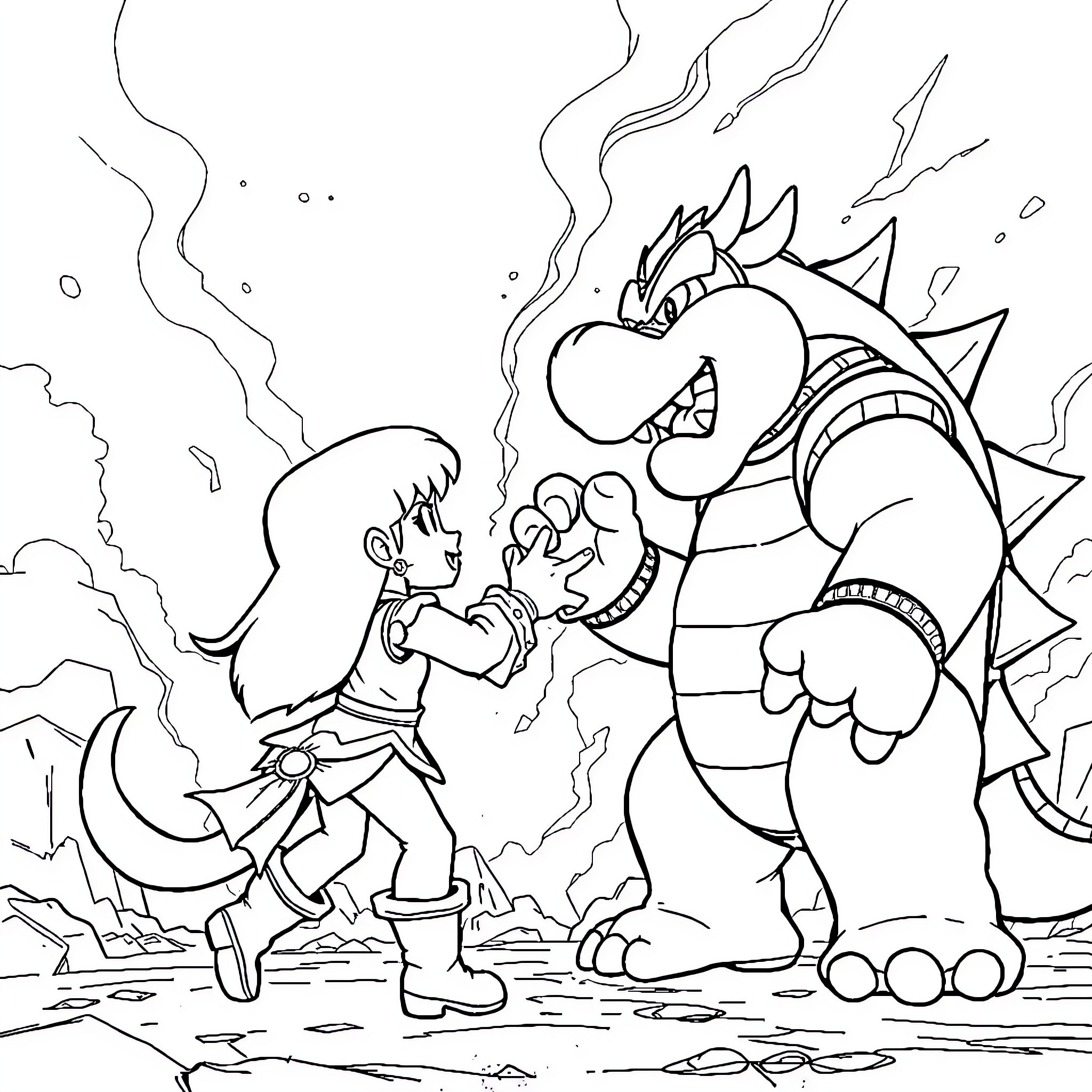 Mei Lee confronting a fearsome dragon-like creature Coloring Page (free black-and-white line drawing printable PDF for all, from beginners to advanced learners, including children, teens, adults, and seniors)