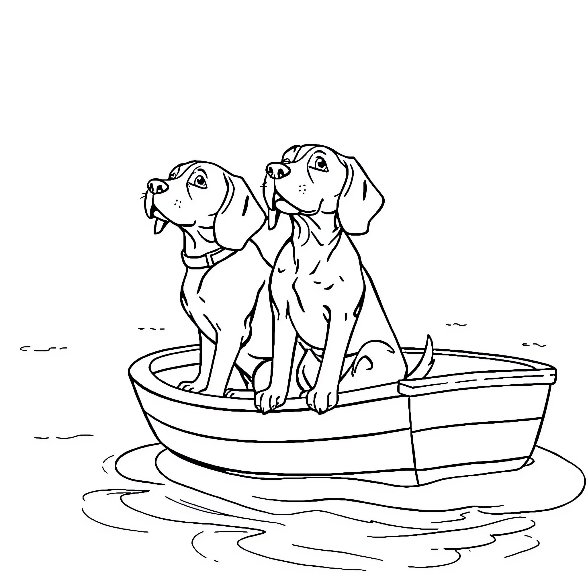Beagle duo enjoying a boat ride Coloring Page (free black-and-white line drawing printable PDF for all, from beginners to advanced learners, including children, teens, adults, and seniors)