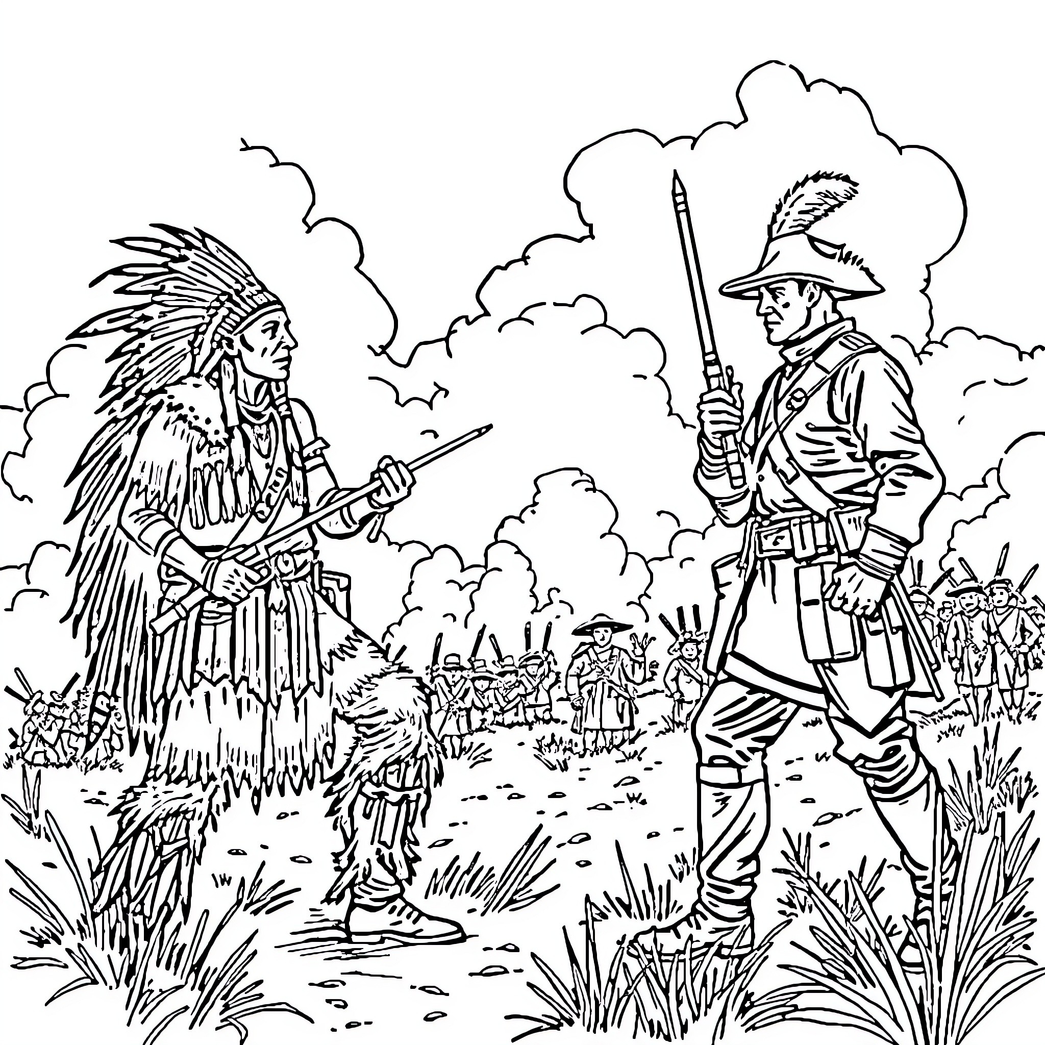 Warrior Chief Confronting Colonial Soldier in Battlefield Coloring Page (free black-and-white line drawing printable PDF for all, from beginners to advanced learners, including children, teens, adults, and seniors)