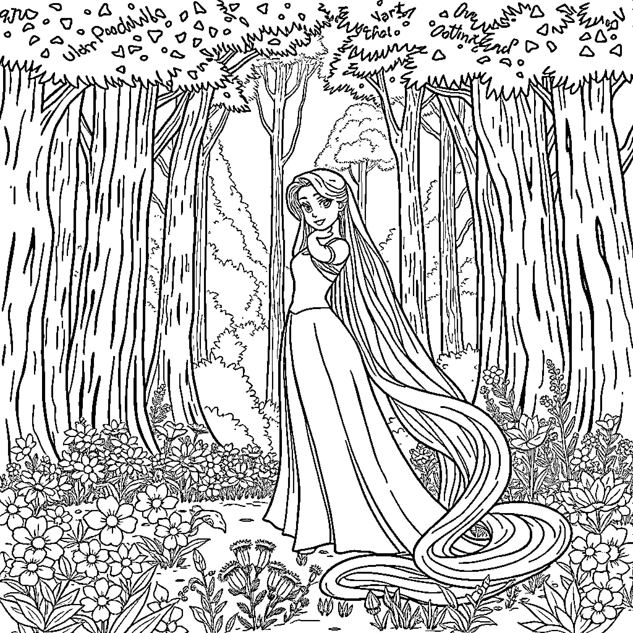 Rapunzel exploring the enchanted forest Coloring Page (free black-and-white line drawing printable PDF for all, from beginners to advanced learners, including children, teens, adults, and seniors)