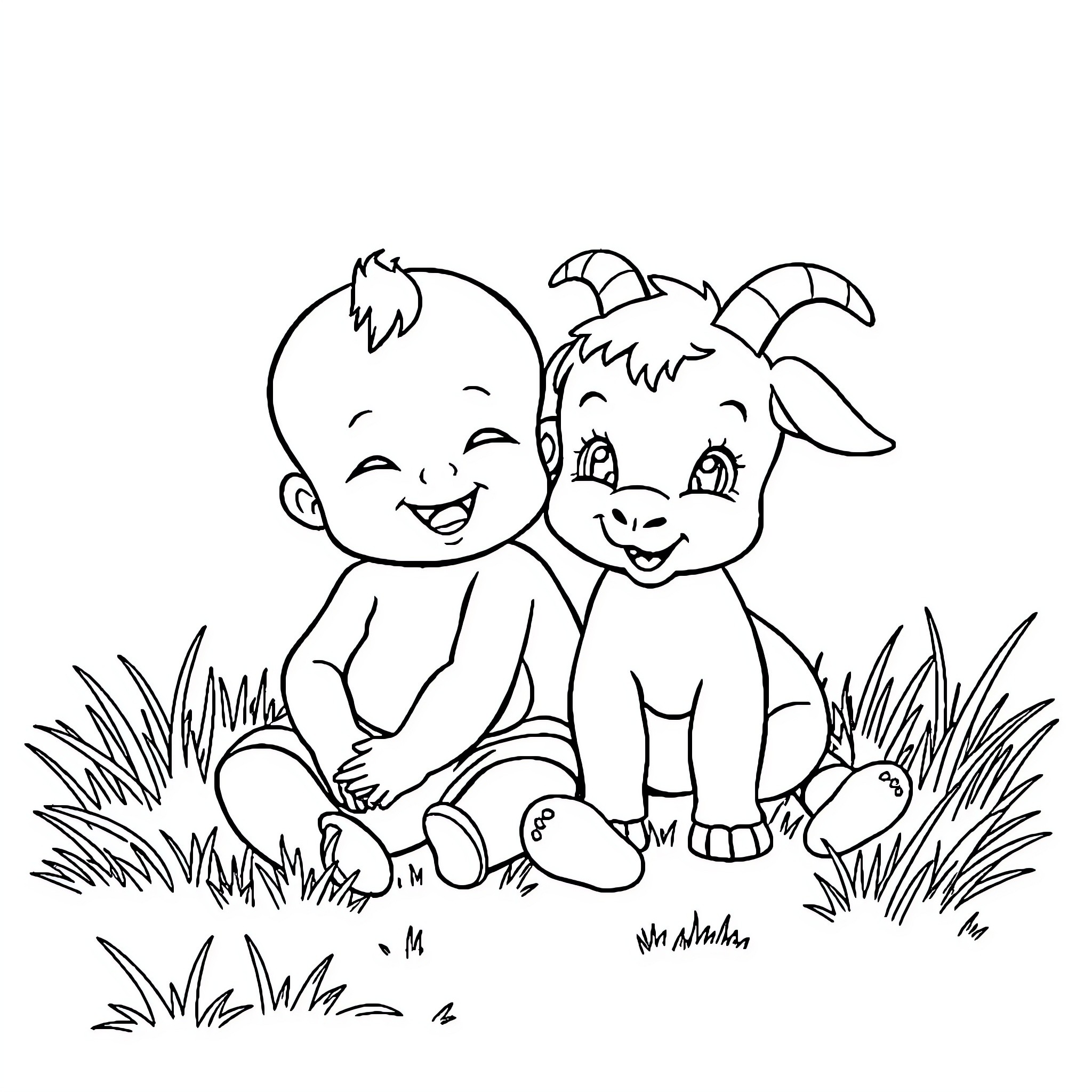 Baby and Goat Playmates in the Meadow Coloring Page (free black-and-white line drawing printable PDF for all, from beginners to advanced learners, including children, teens, adults, and seniors)
