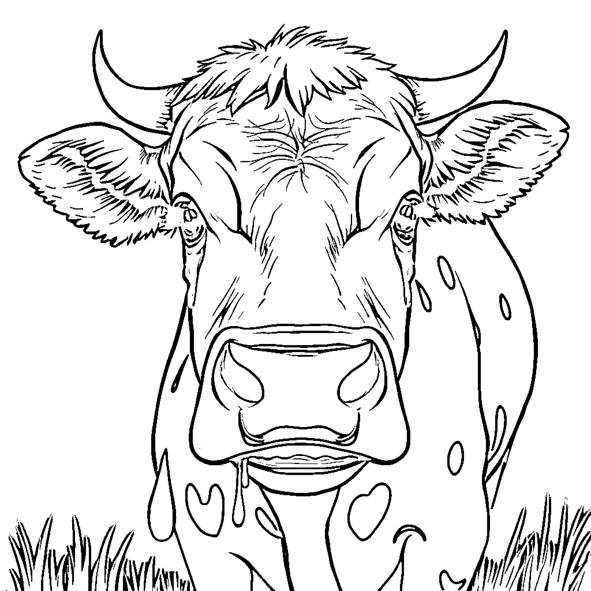 Cow with Curious Expression in Field Coloring Page (free black-and-white line drawing printable PDF for all, from beginners to advanced learners, including children, teens, adults, and seniors)