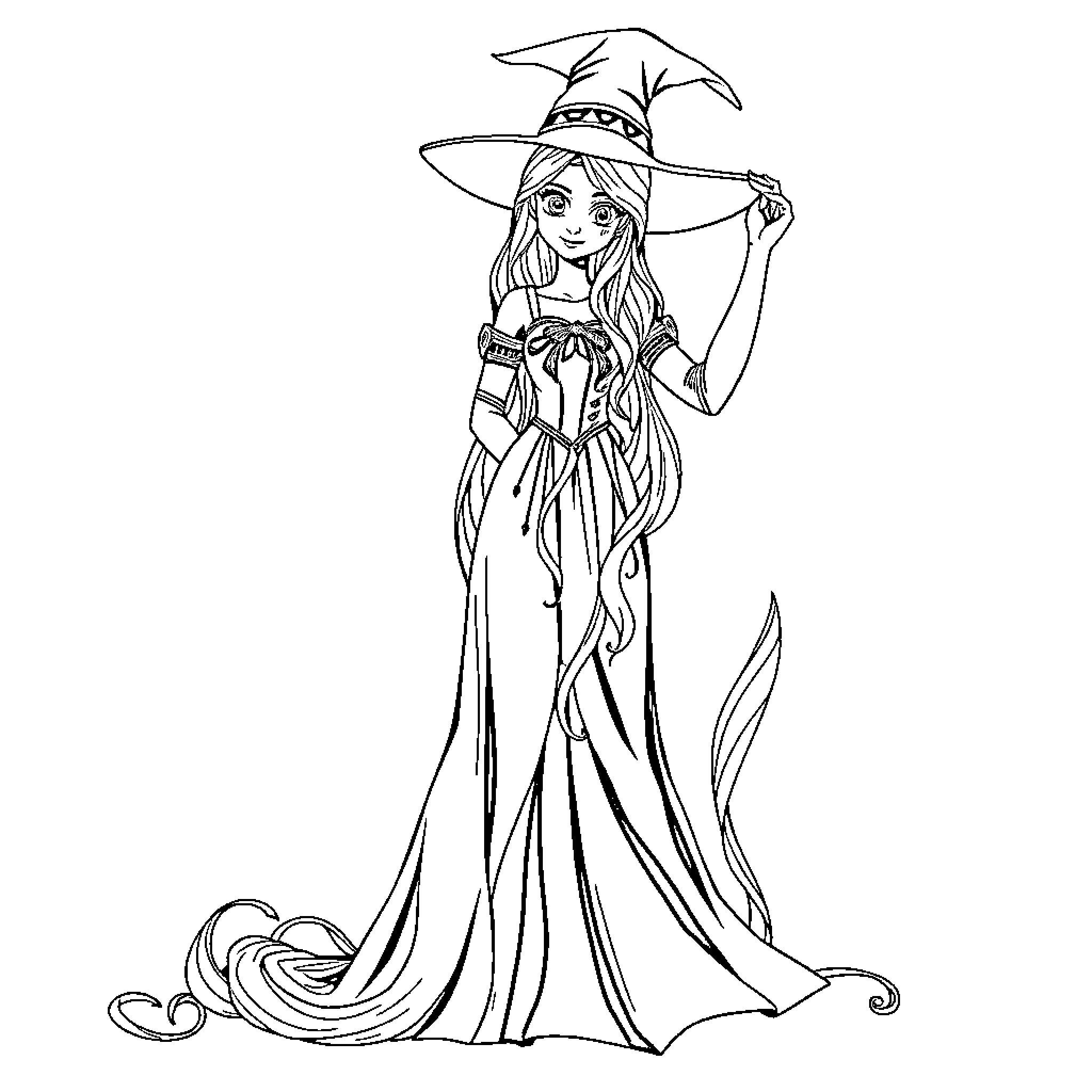 Rapunzel the Enchanting Witch in Flowing Dress Coloring Page (free black-and-white line drawing printable PDF for all, from beginners to advanced learners, including children, teens, adults, and seniors)