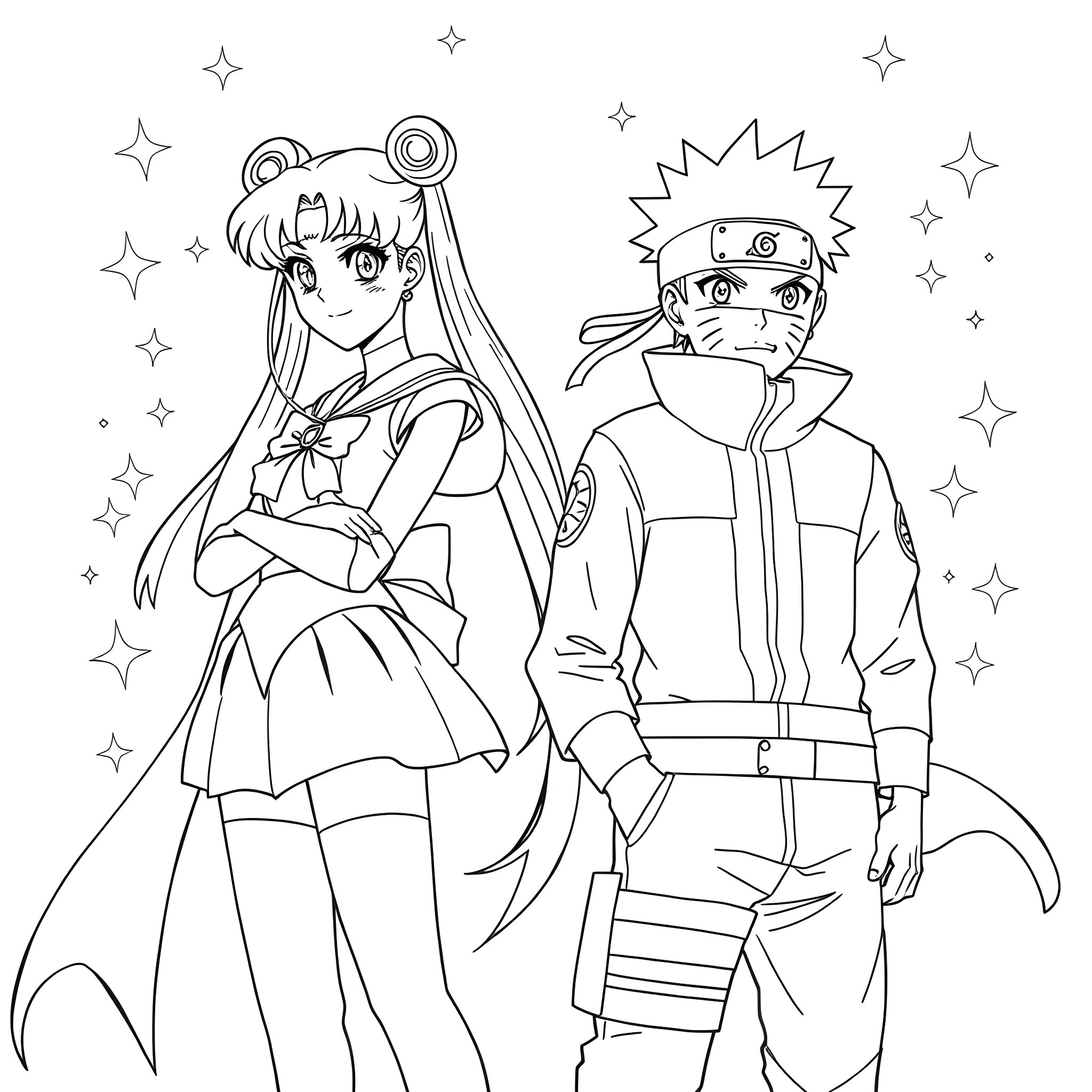 Sailor Moon characters in anime style Coloring Page (free black-and-white line drawing printable PDF for all, from beginners to advanced learners, including children, teens, adults, and seniors)