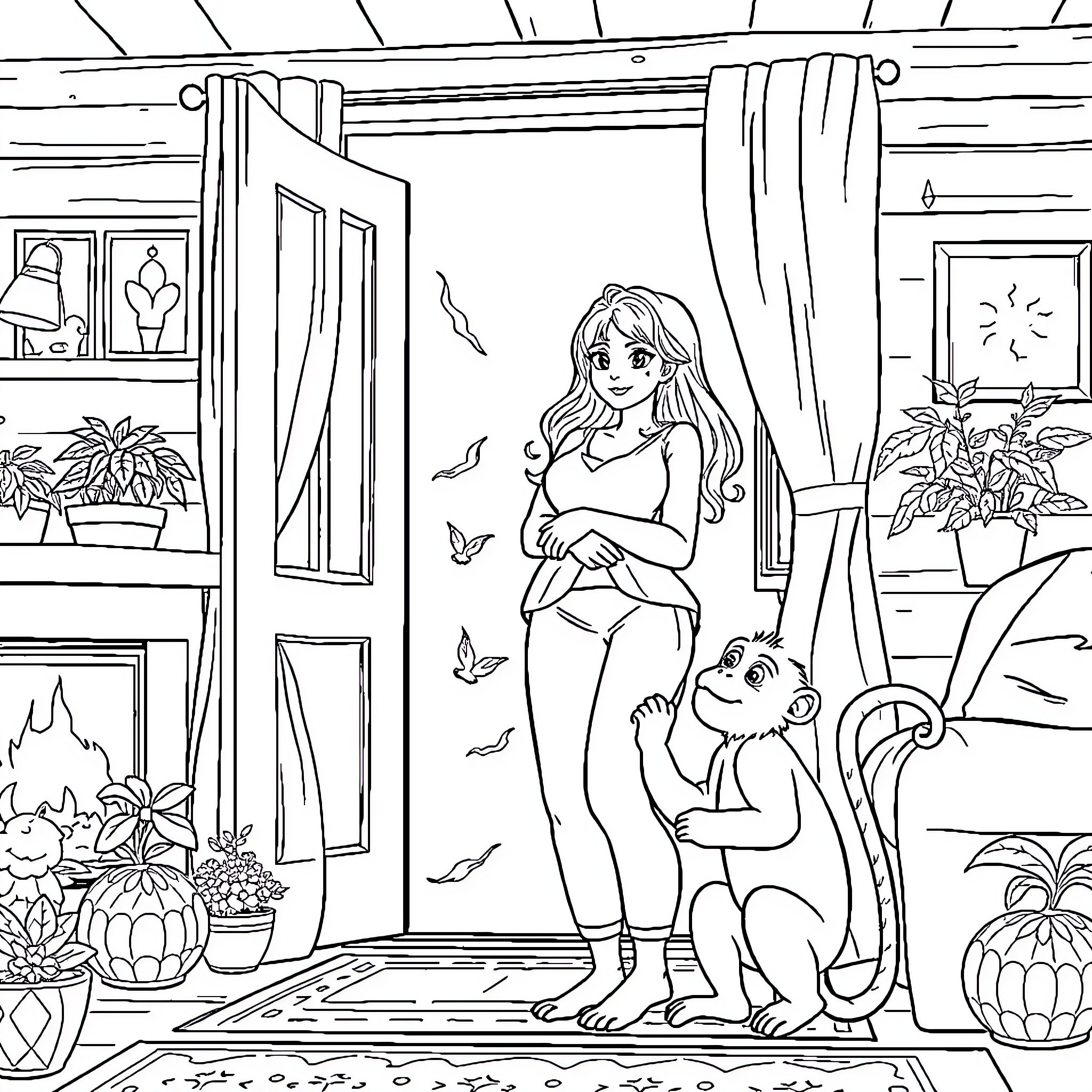 Wife's Relaxing Moment with Furry Companion Coloring Page (free black-and-white line drawing printable PDF for all, from beginners to advanced learners, including children, teens, adults, and seniors)