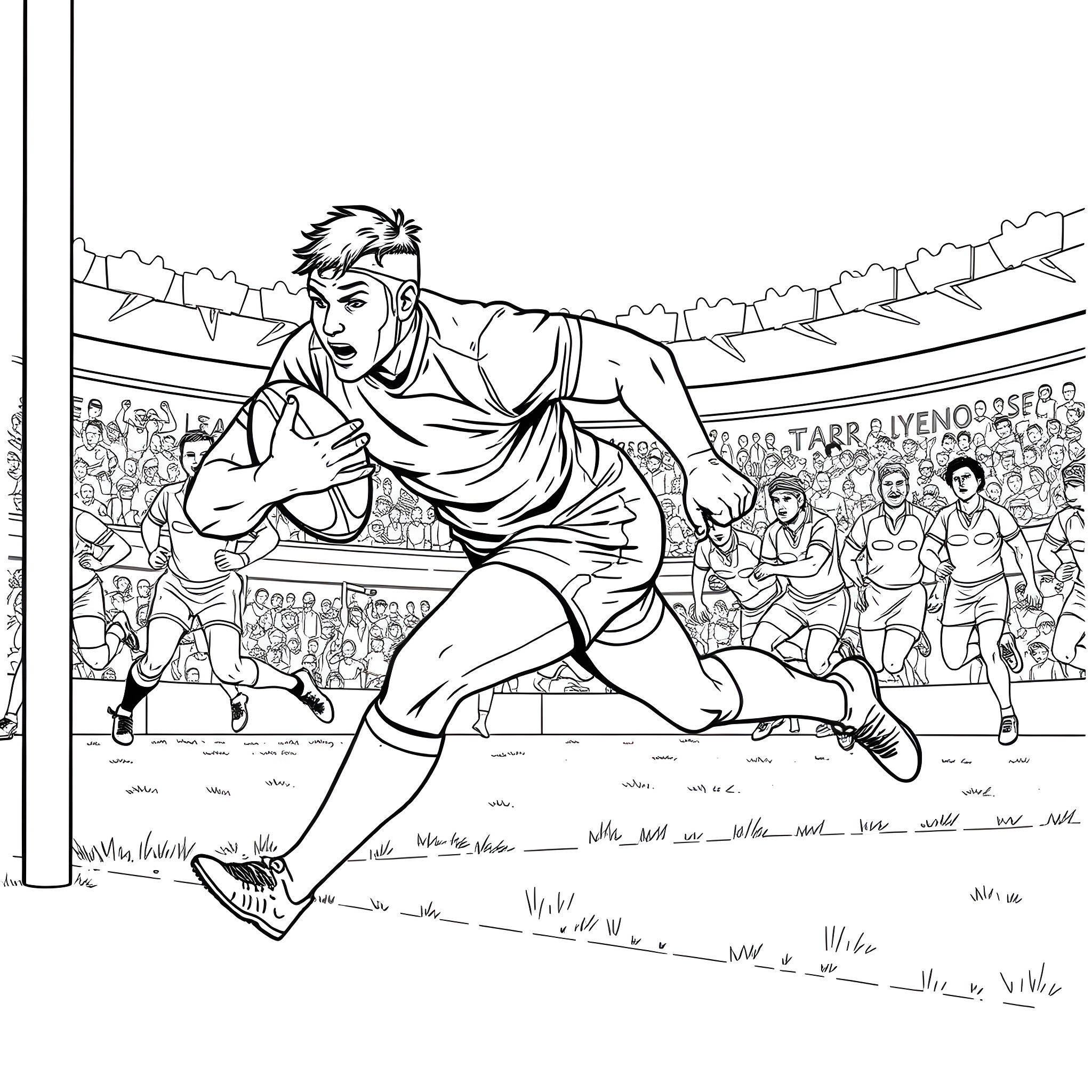 Rugby Player Scores a Try in a Competitive Match Coloring Page (free black-and-white line drawing printable PDF for all, from beginners to advanced learners, including children, teens, adults, and seniors)