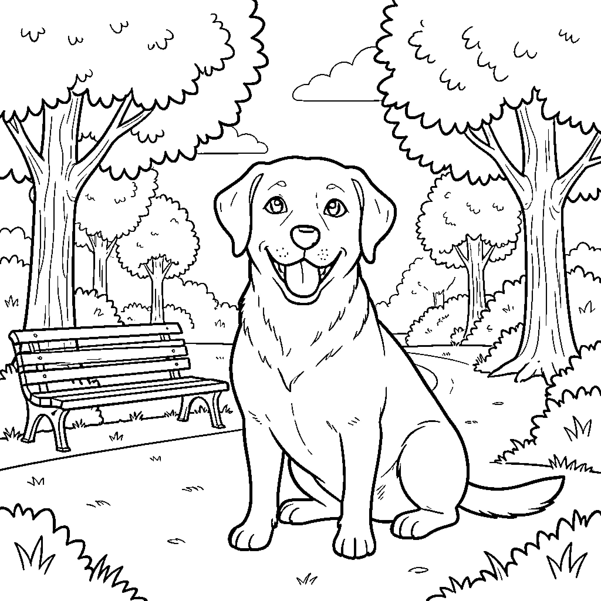 Labrador enjoying a park outing Coloring Page (free black-and-white line drawing printable PDF for all, from beginners to advanced learners, including children, teens, adults, and seniors)