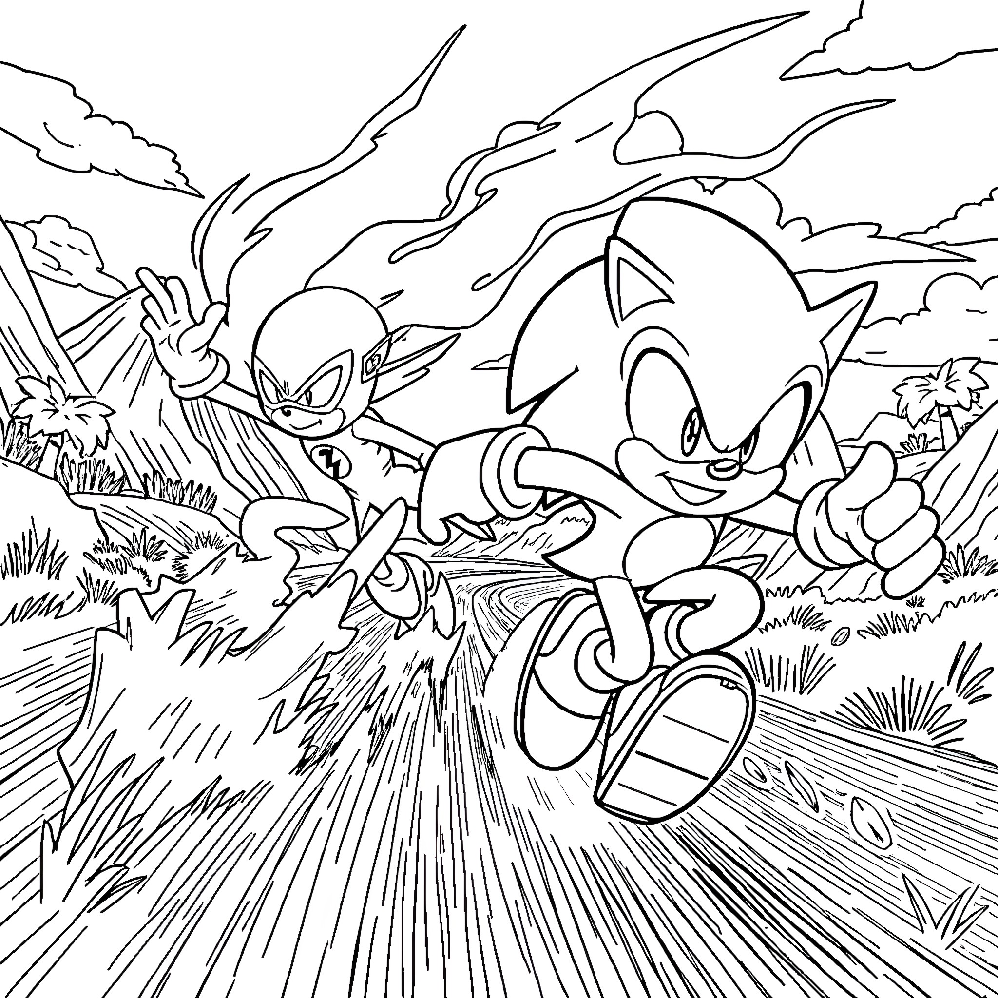 Sonic racing swiftly through an energetic landscape Coloring Page (free black-and-white line drawing printable PDF for all, from beginners to advanced learners, including children, teens, adults, and seniors)