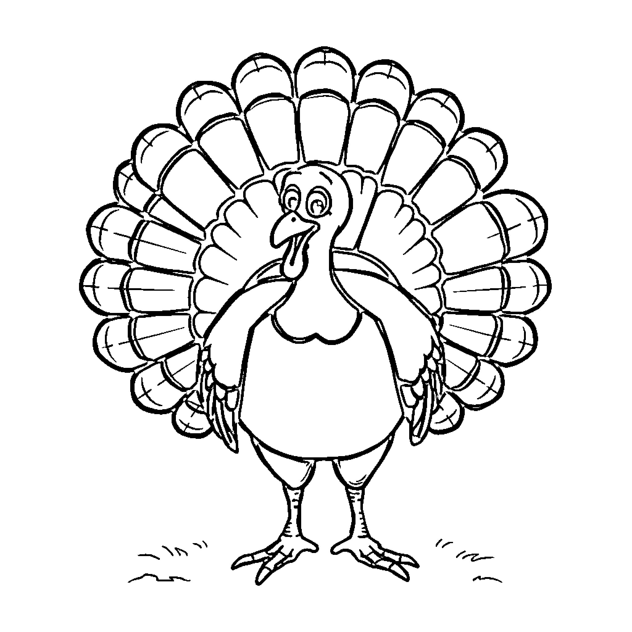 Turkey peacefully displaying its feathers Coloring Page (free black-and-white line drawing printable PDF for all, from beginners to advanced learners, including children, teens, adults, and seniors)
