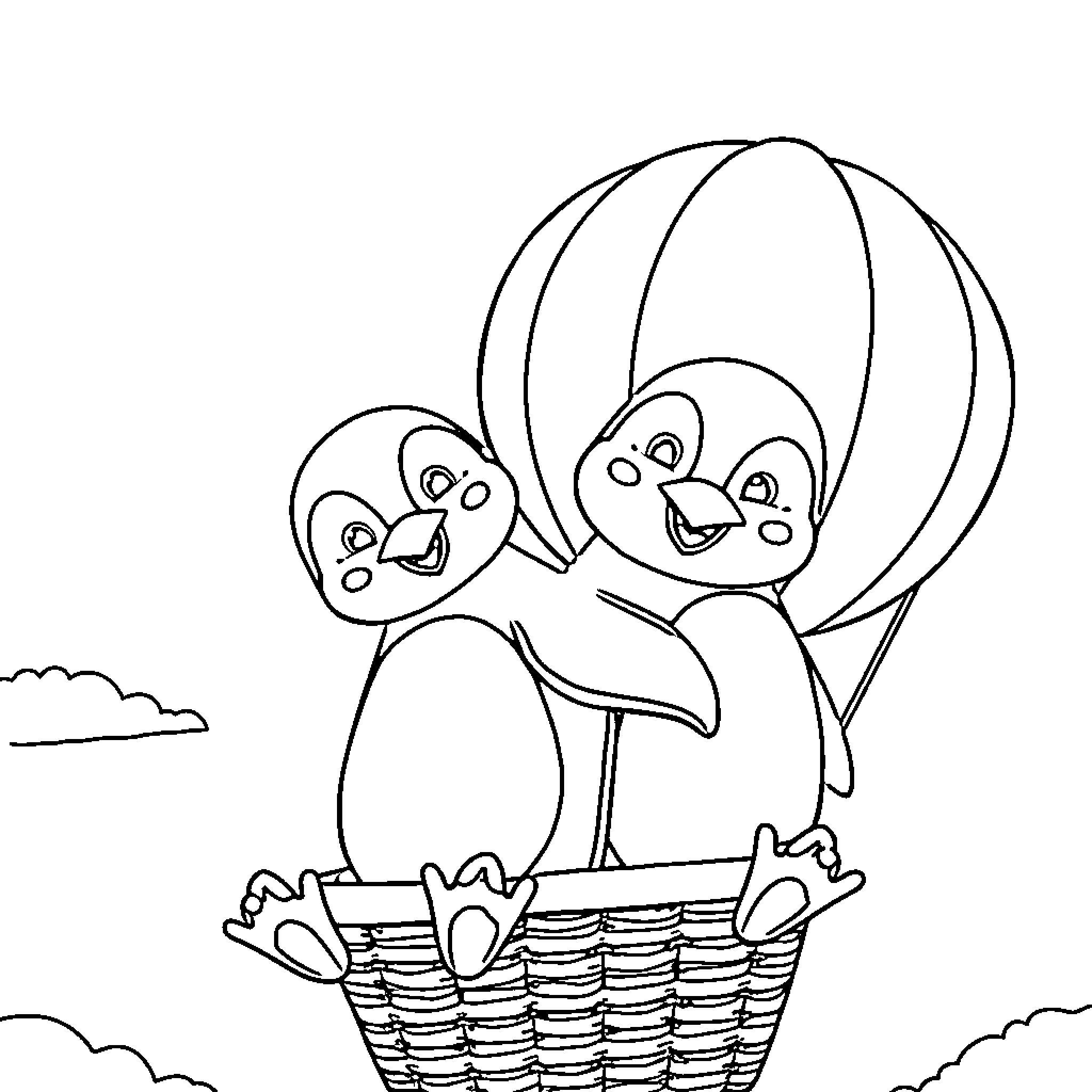 Penguins enjoying a hot air balloon ride Coloring Page (free black-and-white line drawing printable PDF for all, from beginners to advanced learners, including children, teens, adults, and seniors)