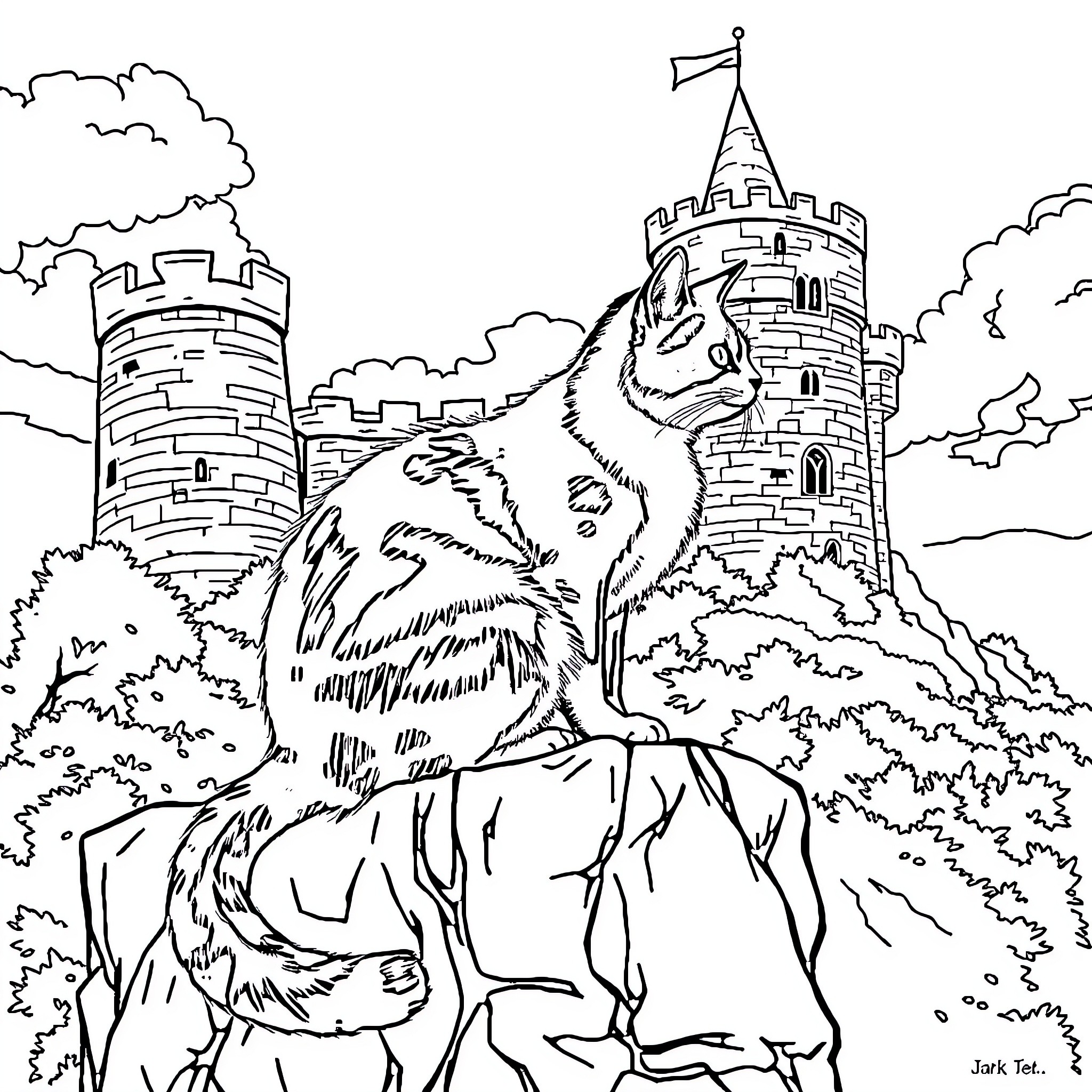 Cat guarding the medieval castle Coloring Page (free black-and-white line drawing printable PDF for all, from beginners to advanced learners, including children, teens, adults, and seniors)