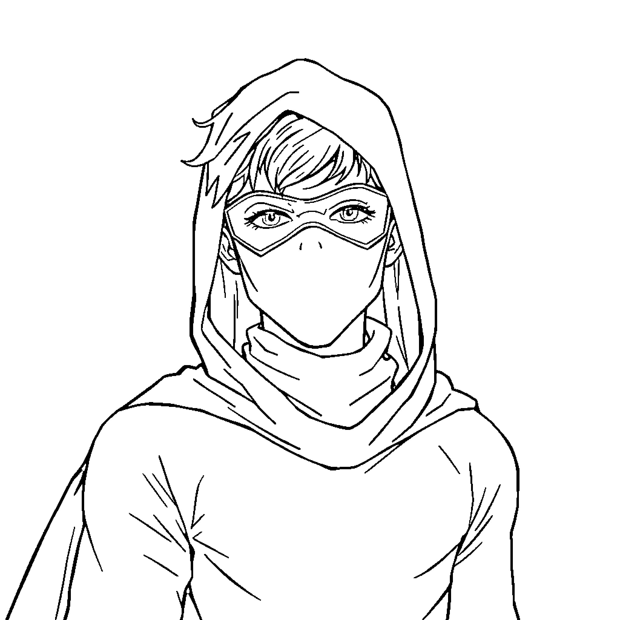 Superhero in Mysterious Hooded Disguise Coloring Page (free black-and-white line drawing printable PDF for all, from beginners to advanced learners, including children, teens, adults, and seniors)