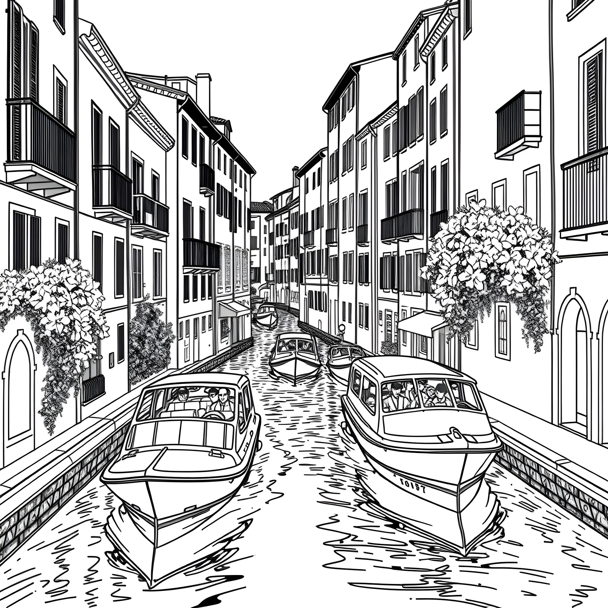 Tourist Ship Canal Gondola Ride in Picturesque Italian Town Coloring Page (free black-and-white line drawing printable PDF for all, from beginners to advanced learners, including children, teens, adults, and seniors)