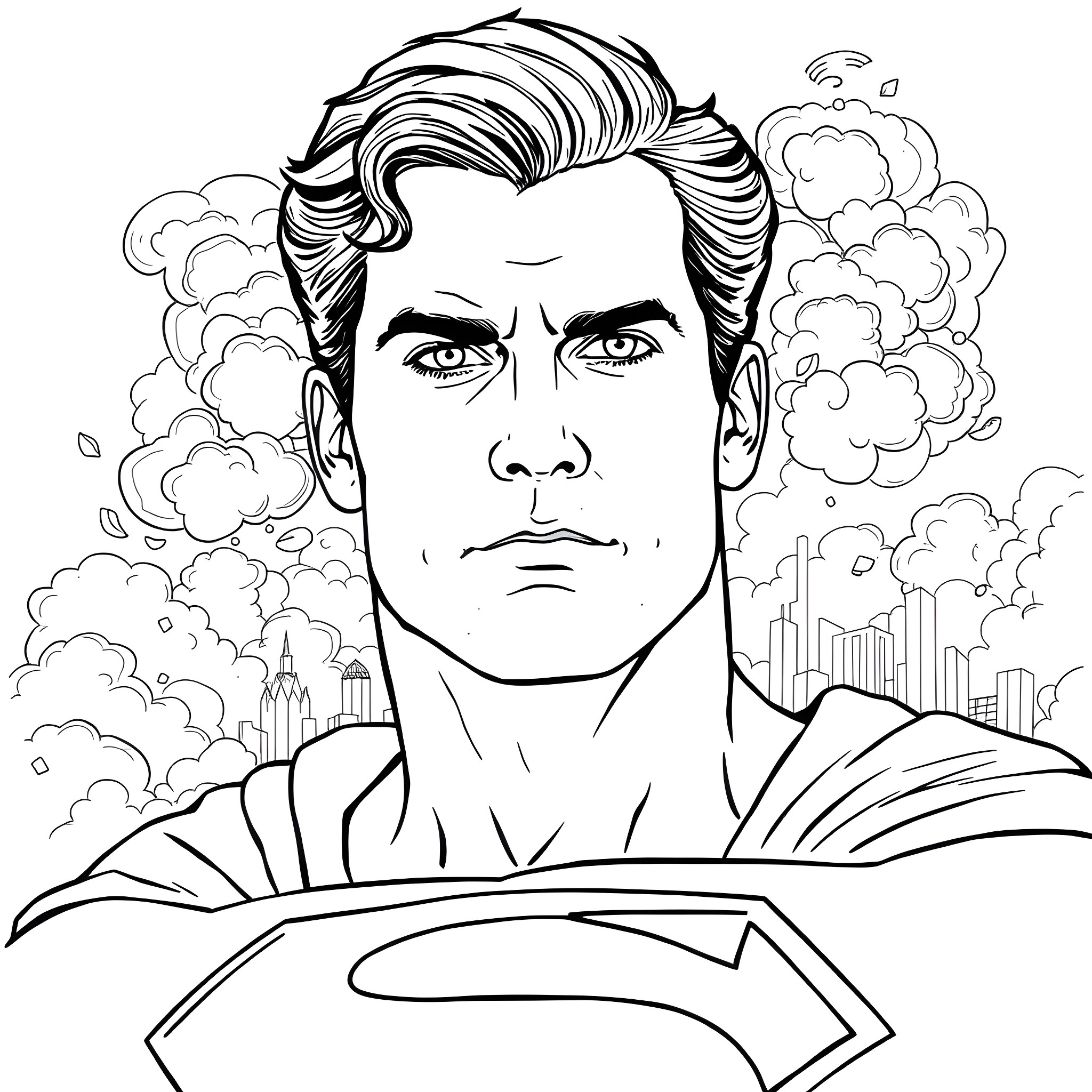 Superman in Action, Surrounded by Clouds and Cityscape Coloring Page (free black-and-white line drawing printable PDF for all, from beginners to advanced learners, including children, teens, adults, and seniors)